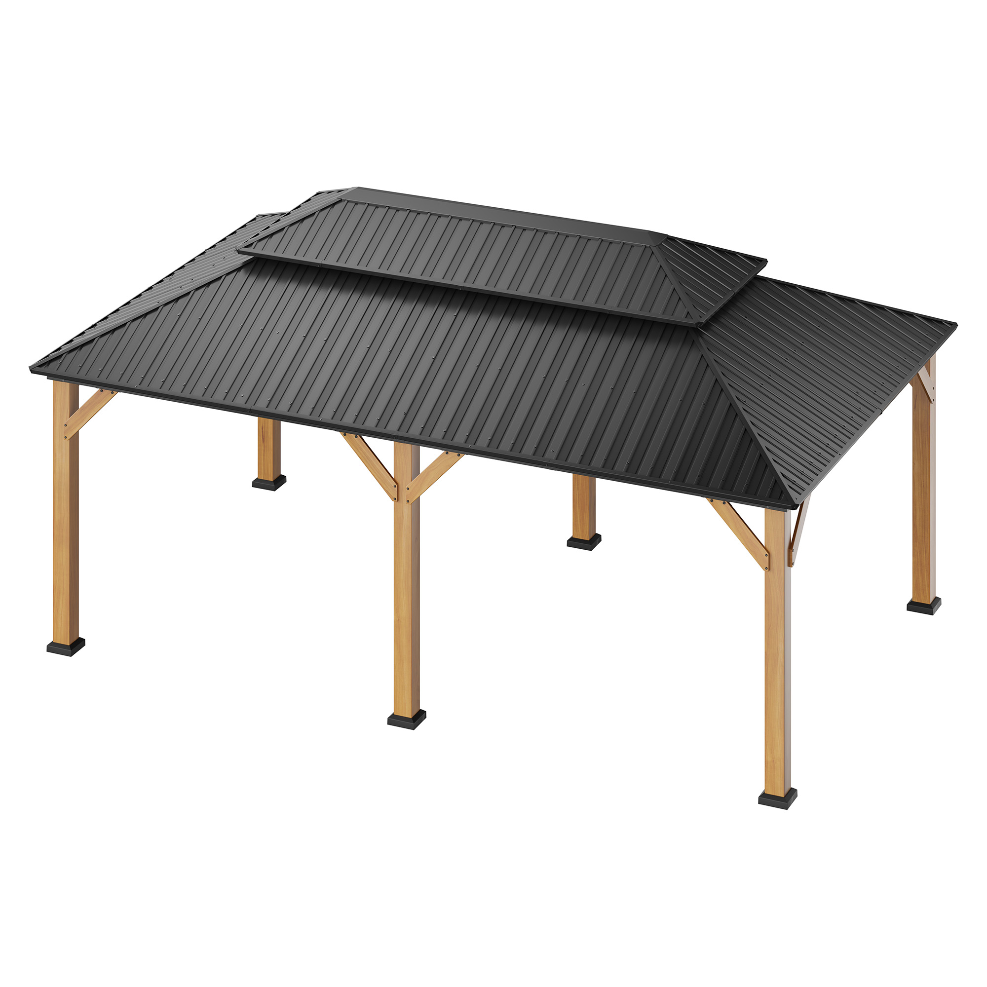 12x20 ft Outdoor Cedar Wood Frame Gazebo Galvanized Steel Hardtop Double Roof Permanent Metal Pavilion with Curtains and Netting