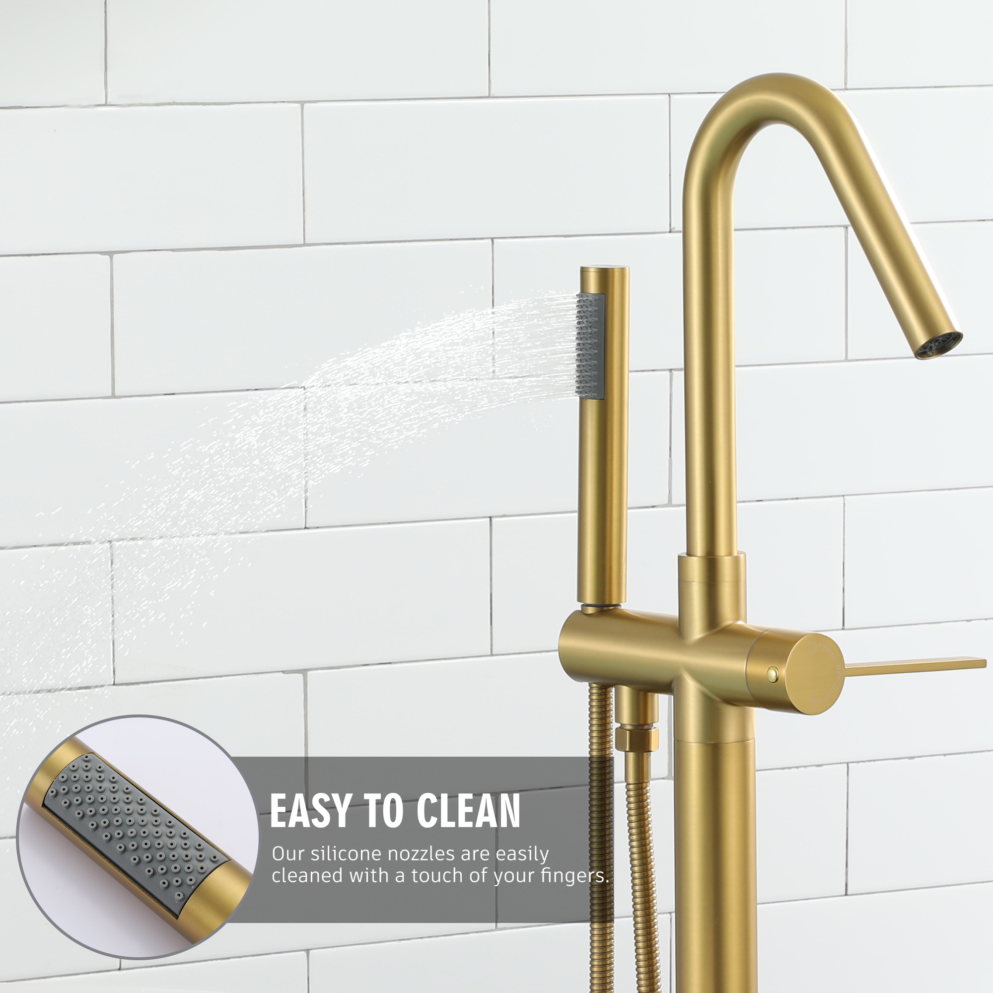 Freestanding Bathtub Faucet with Hand Shower, 360-Degree Swivel Spout, 2.7 GPM High Flow Rate Brushed Brass