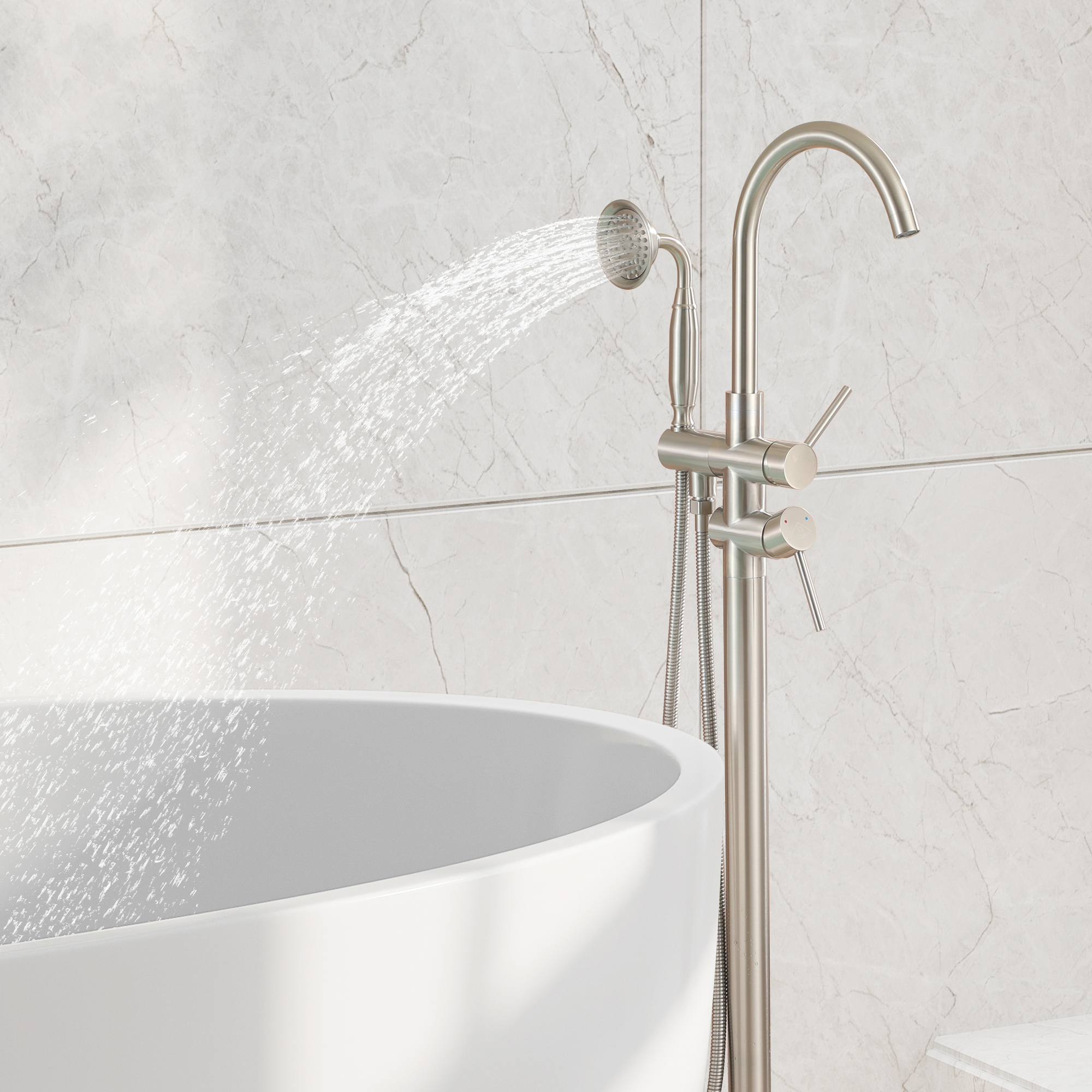 2.5 GPM Floor Mount Freestanding Tub Faucet with Handheld Shower, Brushed Nickel/Matte Black