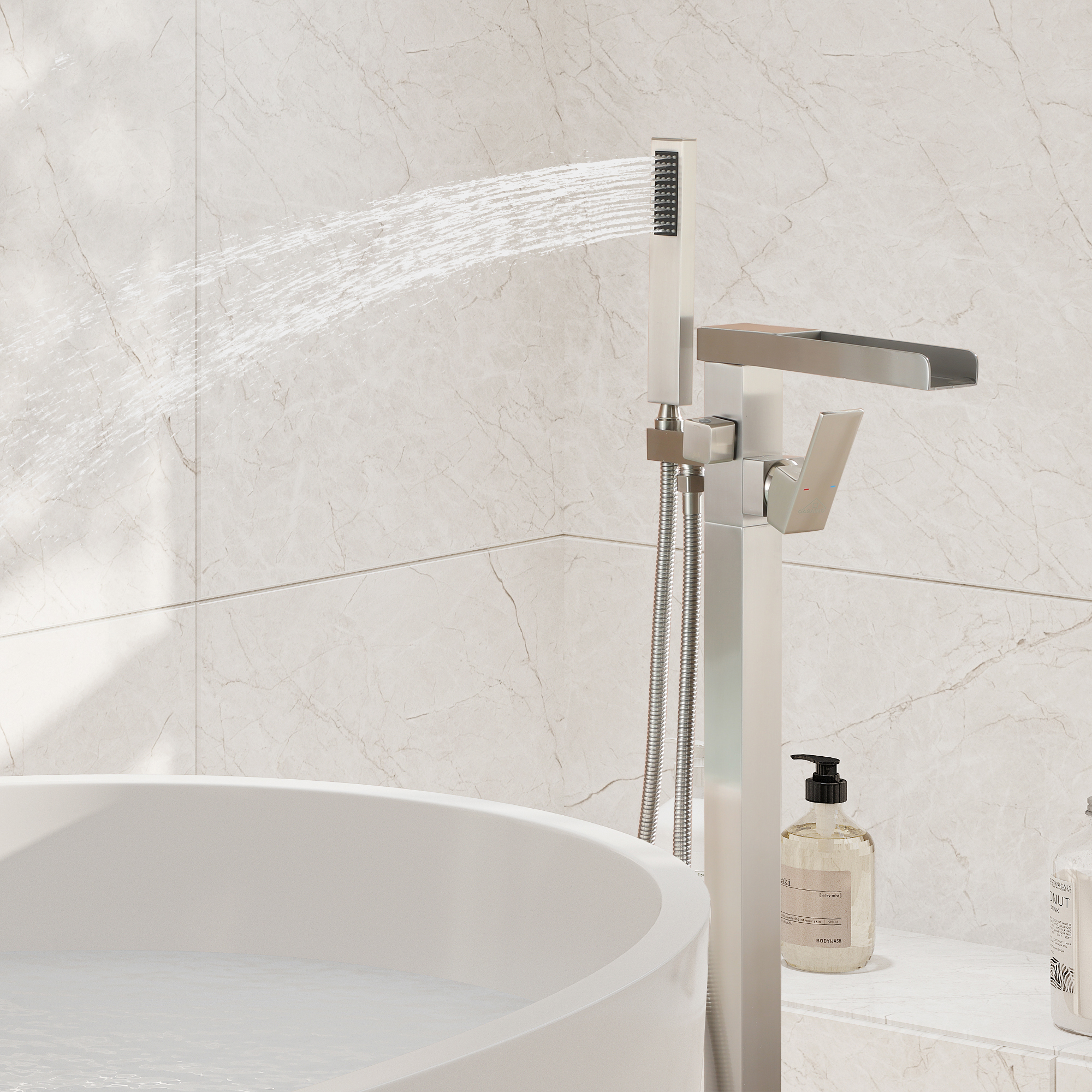 2.5 GPM Floor Mount Freestanding Waterfall Tub Faucet with Handheld Shower, Brushed Nickel/Matte Black/Brushed Gold