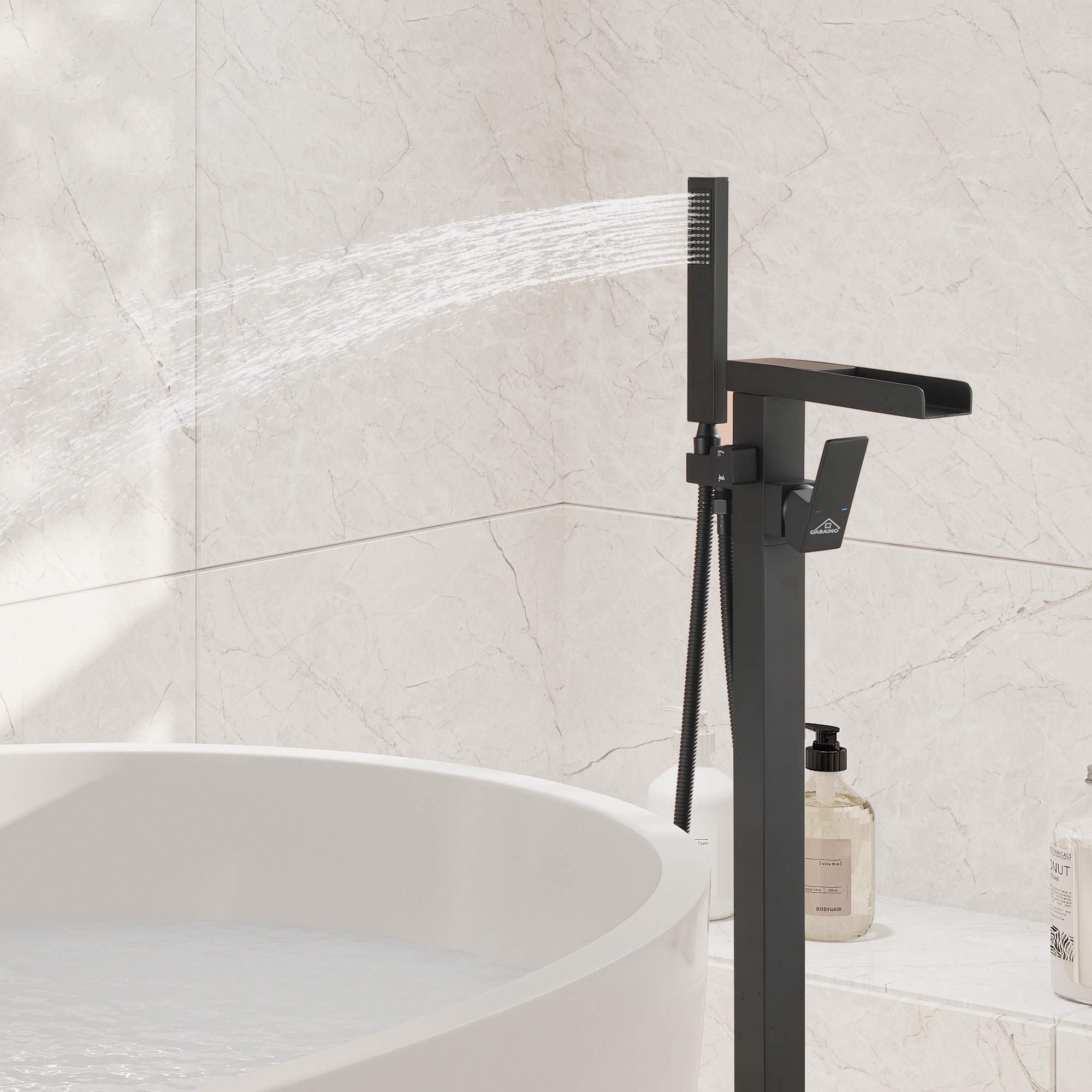 2.5 GPM Floor Mount Freestanding Waterfall Tub Faucet with Handheld Shower, Brushed Nickel/Matte Black/Brushed Gold