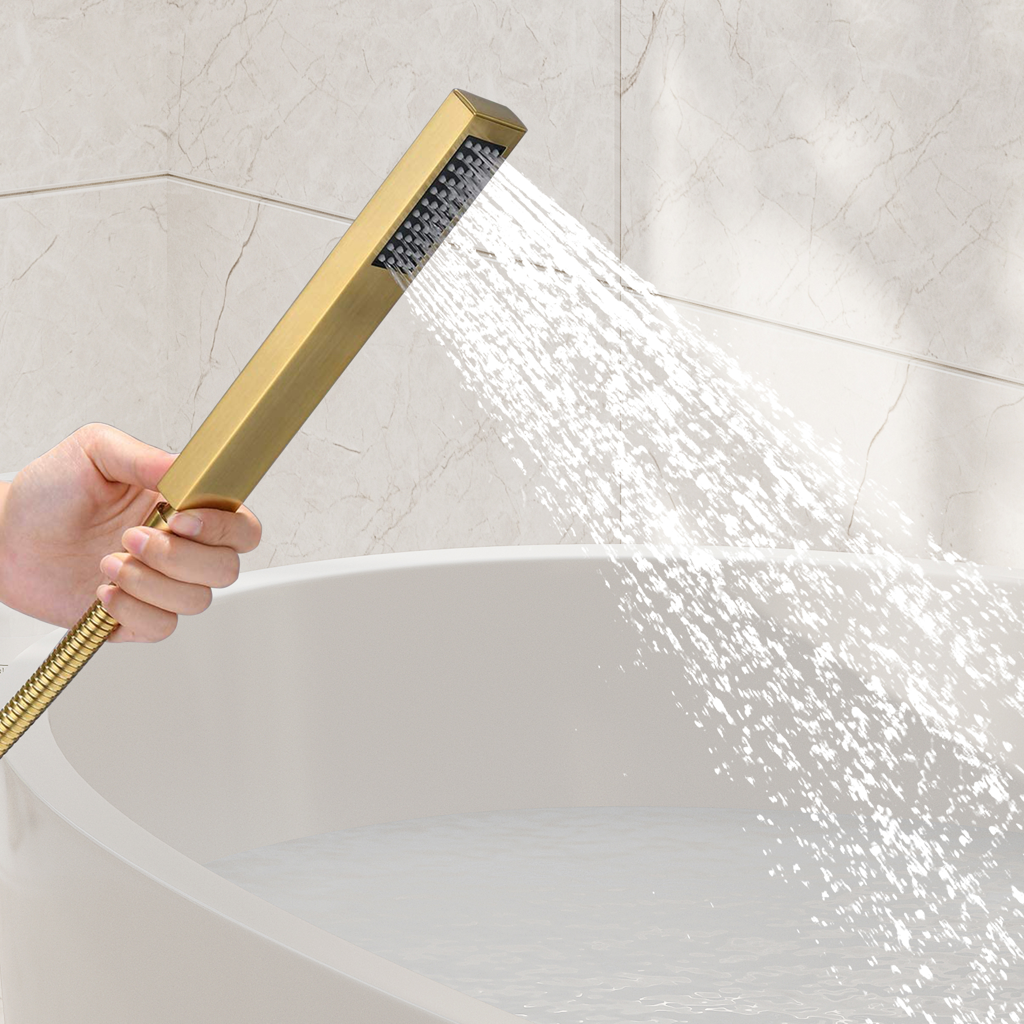 2.5 GPM Floor Mount Freestanding Waterfall Tub Faucet with Handheld Shower, Brushed Nickel/Matte Black/Brushed Gold