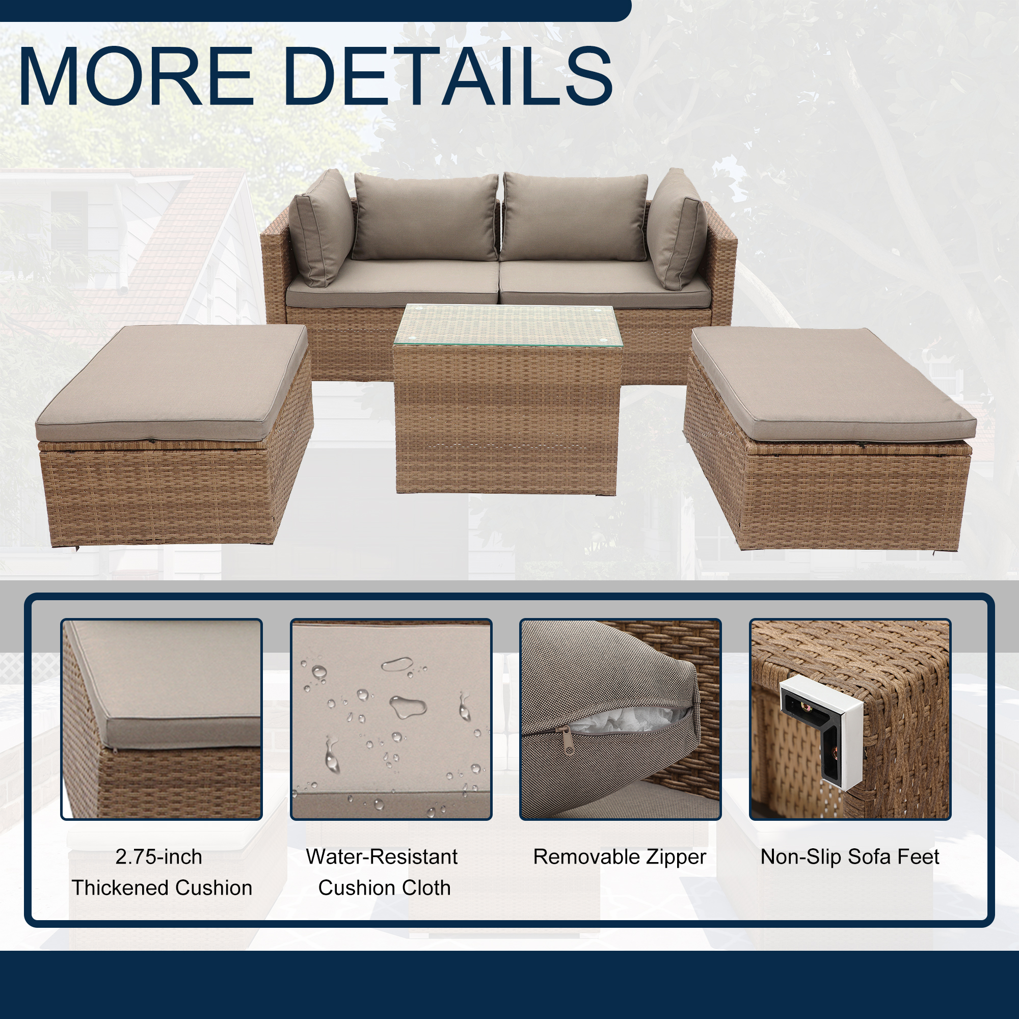 5-Piece Patio Rattan Wicker PE Conversation Set with Cushions