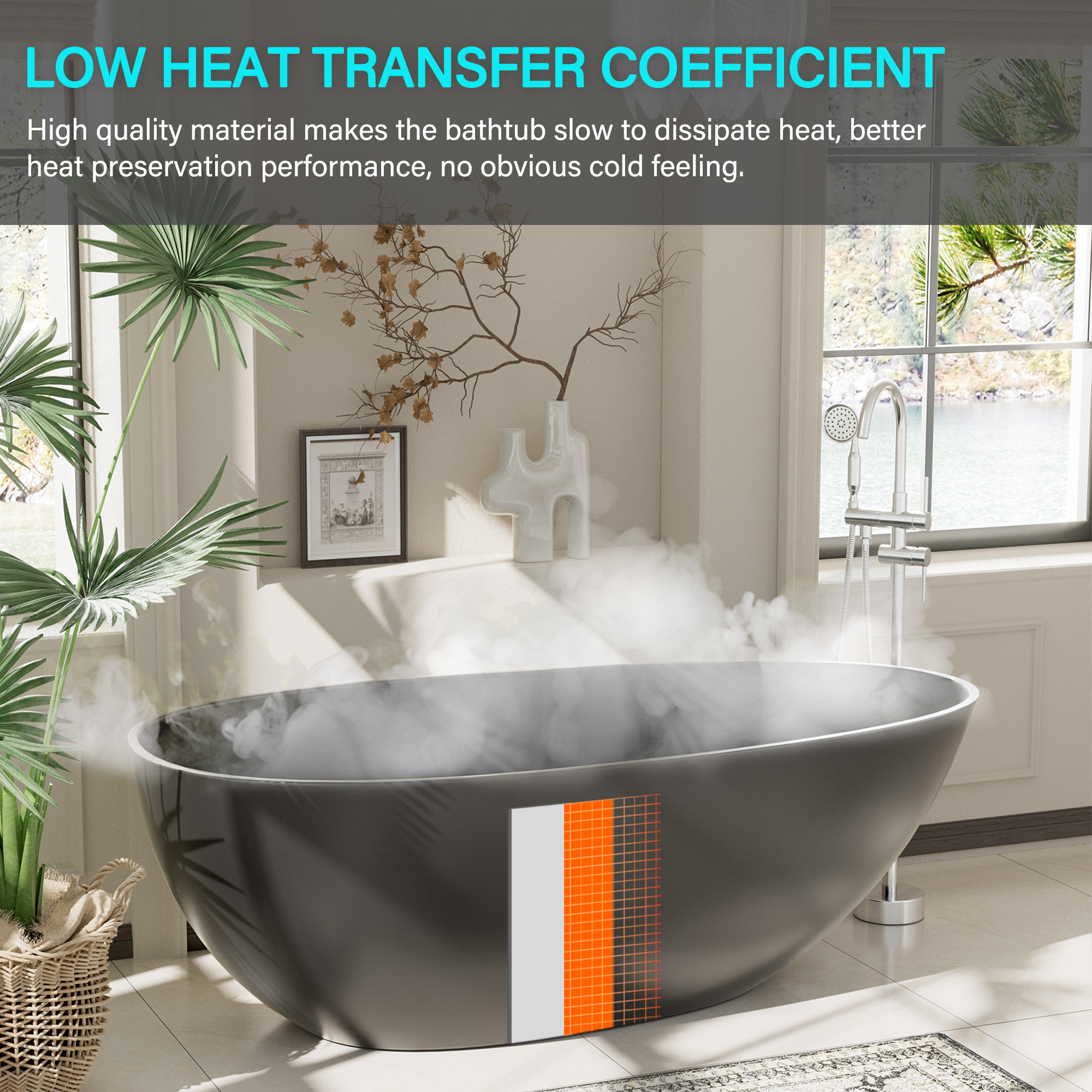 Luxury 59" Solid Surface White Freestanding Soaking Bathtub with Drain