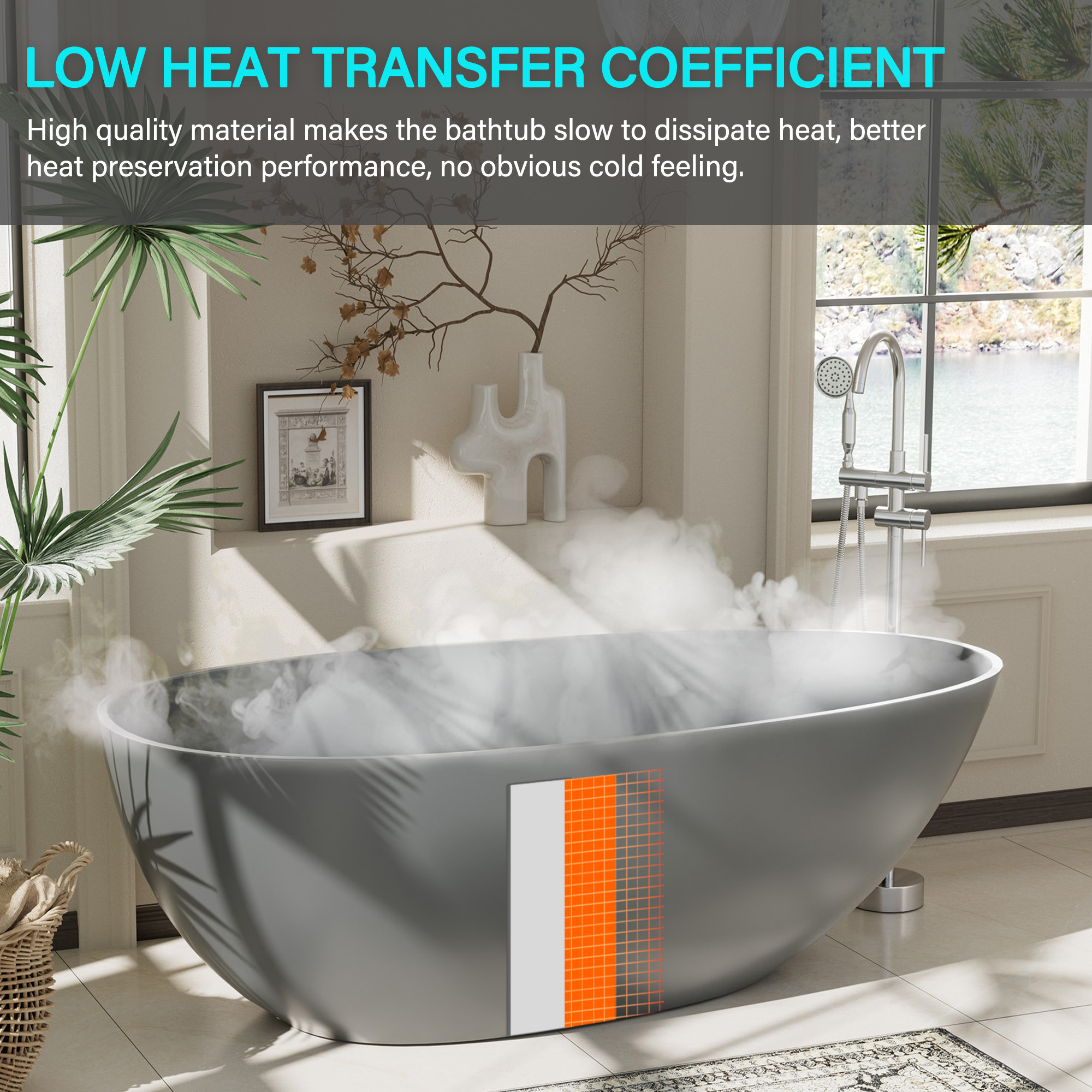 Luxury 59" Solid Surface White Freestanding Soaking Bathtub with Drain