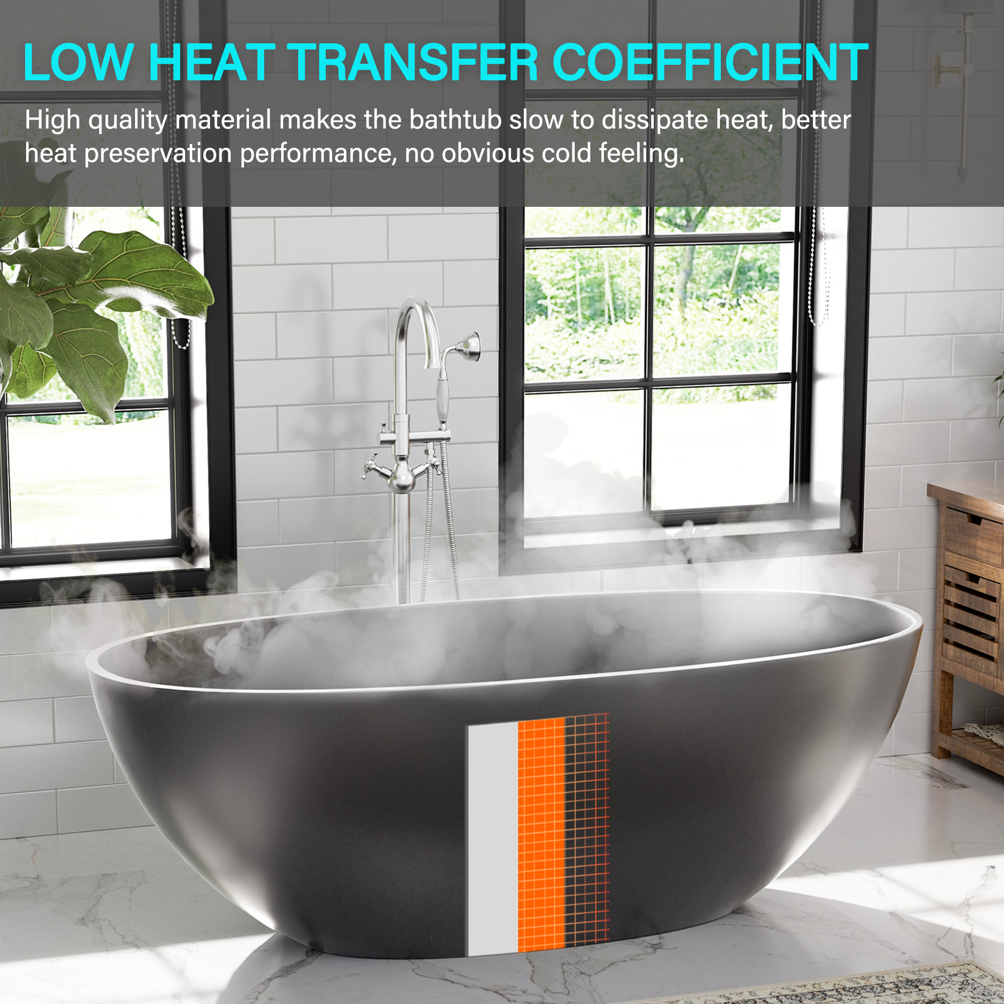 65" Solid Surface Oval Soaking Bathtub with Drain