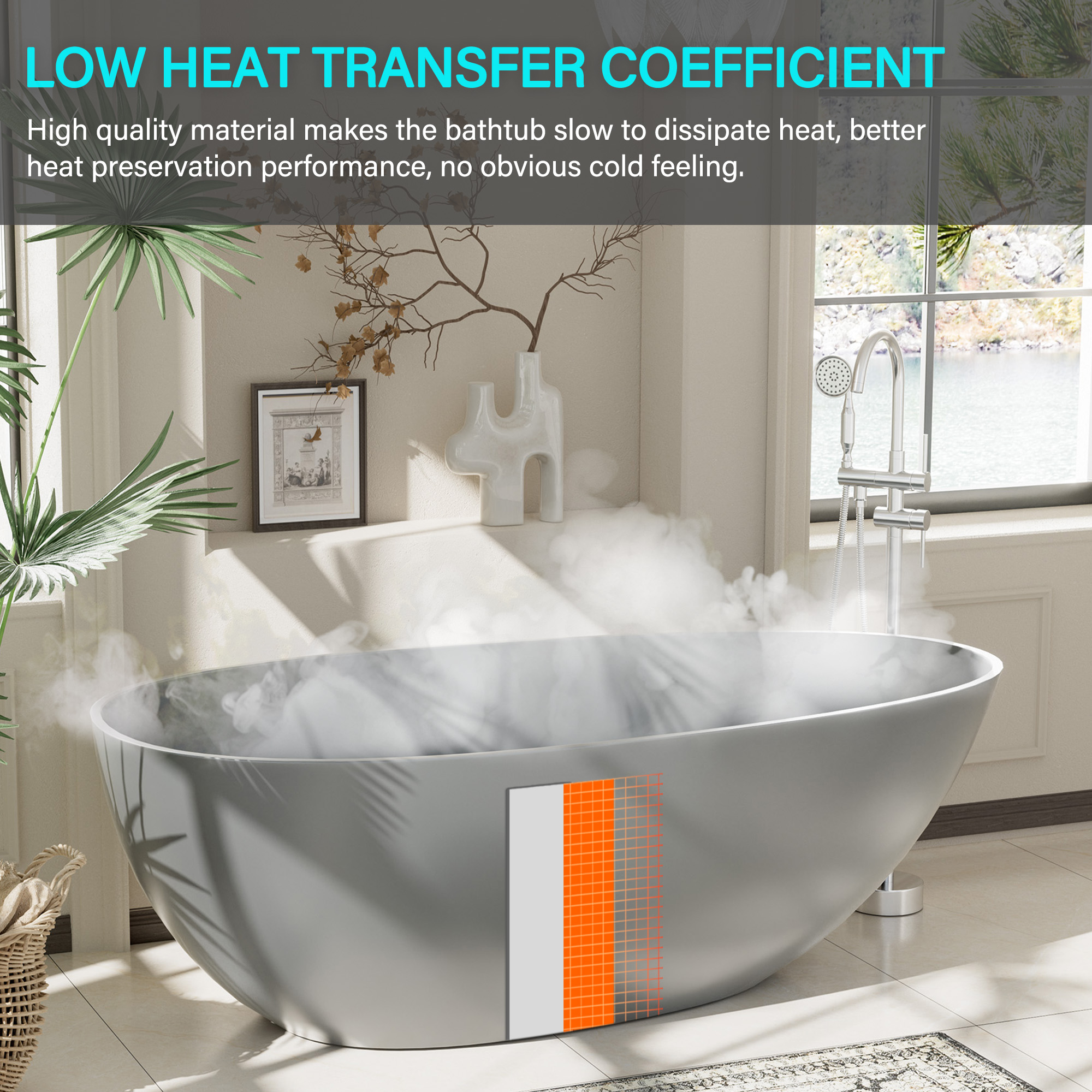 65" Solid Surface Oval Soaking Bathtub with Drain