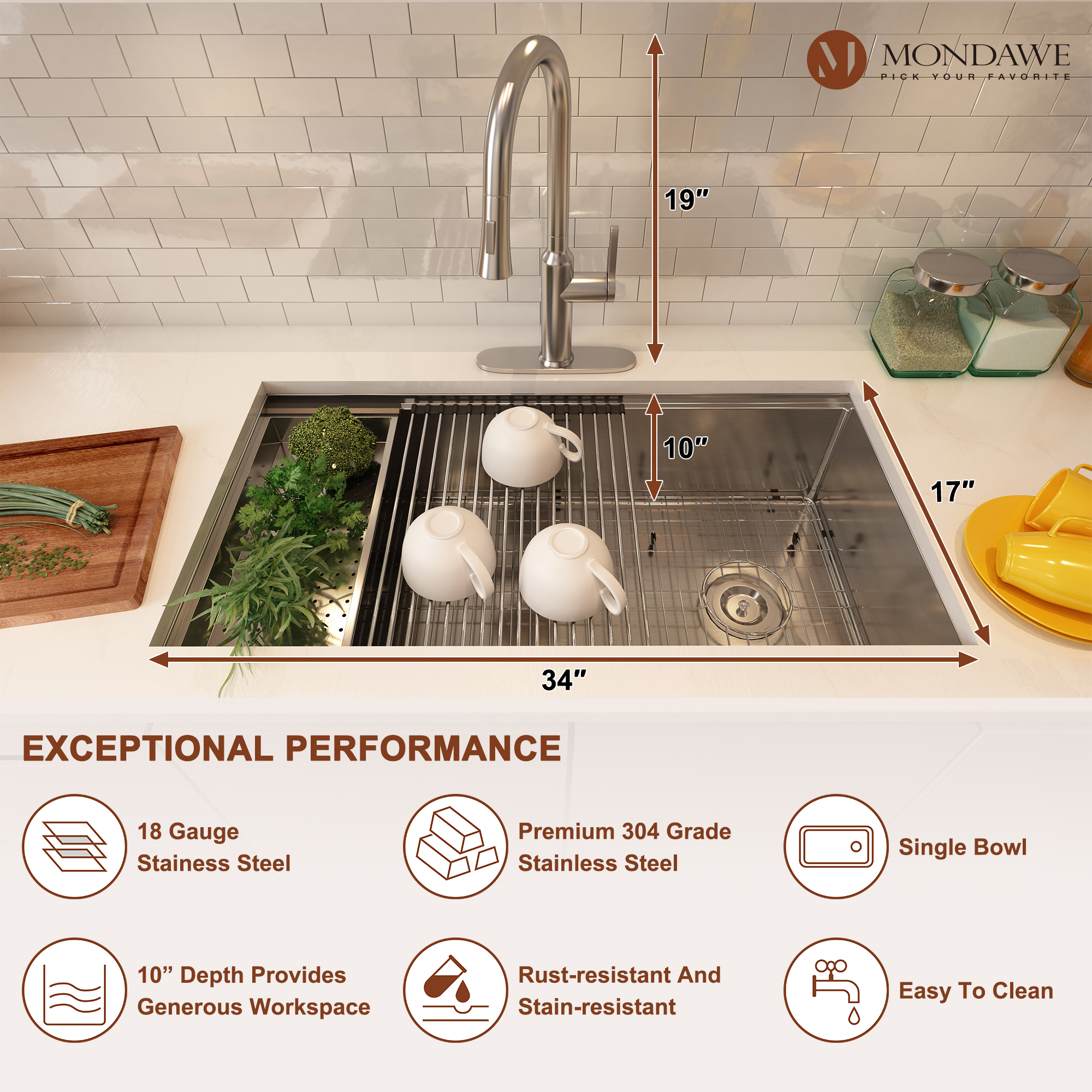 Undermount 36-in x 19-in Brushed Stainless Steel Single Bowl Workstation Kitchen Sink-Mondawe