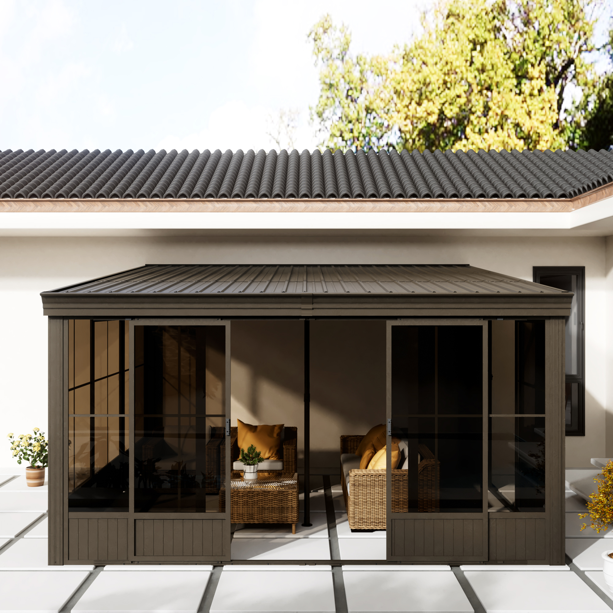 12 ft. x 14 ft. Wall Mounted Gazebo, All-Season Patio Gazebo Sunroom with Side Door, Outdoor Permanent Sunroom