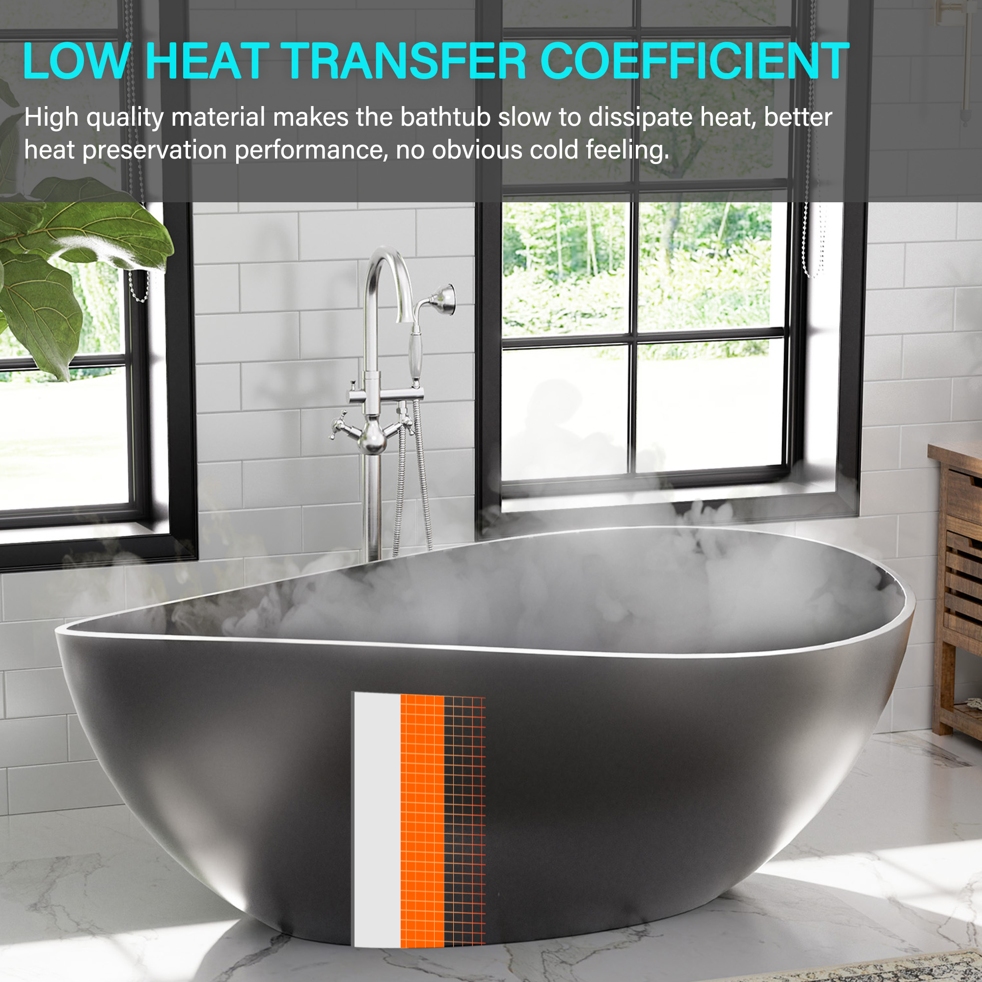 63" Free Standing Tub, Matte White Stone Resin Freestanding Bathtub Solid Surface Soaking Tub with Drain, Drain Hose & Sanding Paper