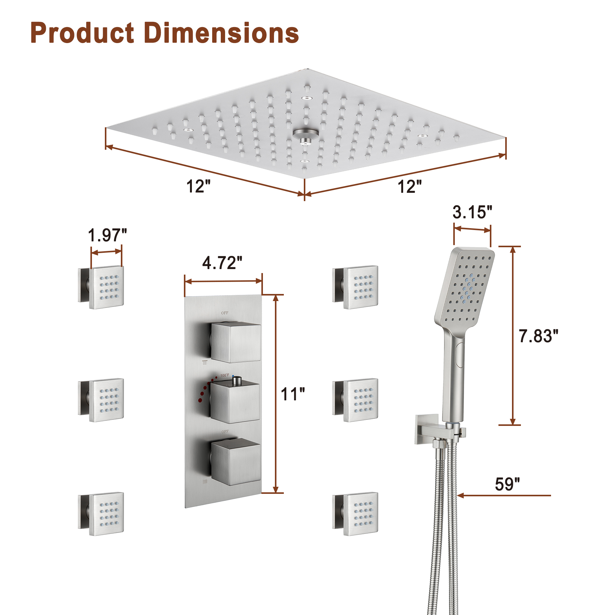 Mondawe Luxury Thermostatic LED 4-Spray Patterns 12 in. Flush Ceiling Mount Rainfall Dual Shower Heads-Mondawe