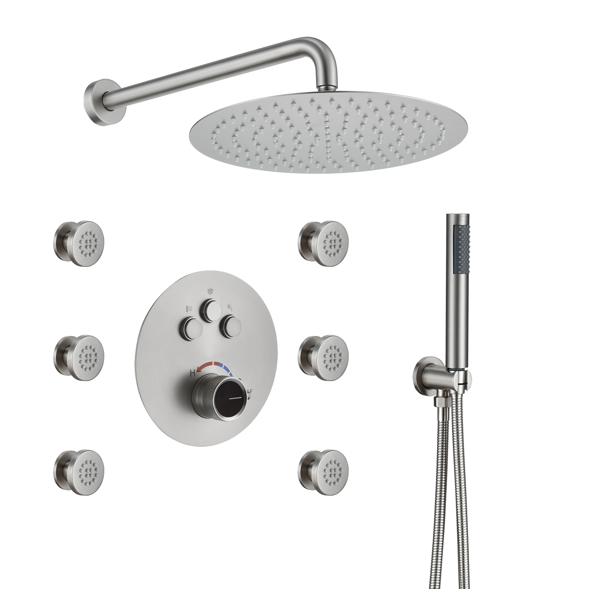 Mondawe Round Shower System With Body Jet,12 inch Wall Mounted High-Pressure Rainfall Shower Head Handheld and 6 pcs Body Sprays,Rain Shower Mixer Combo Set-Mondawe