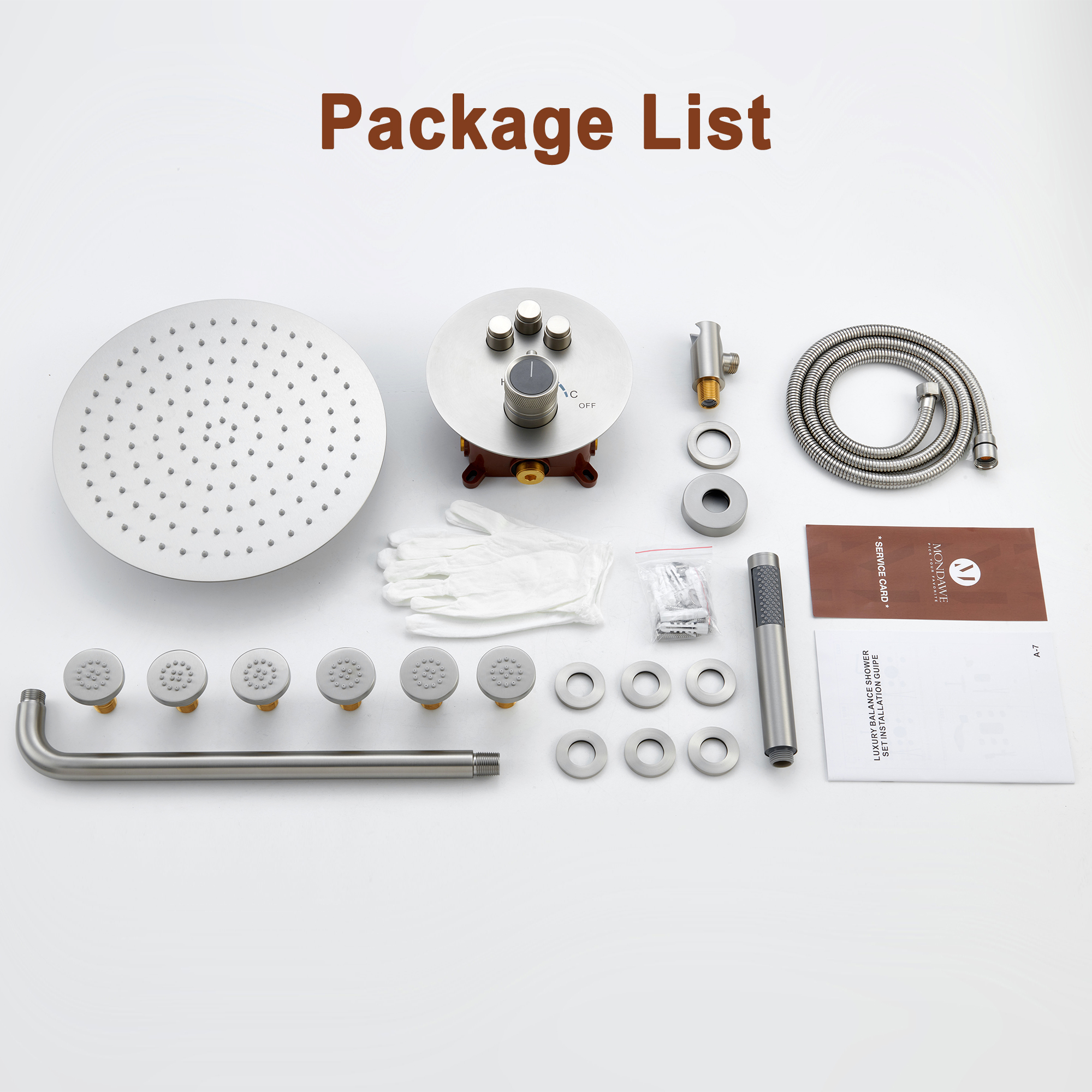 Mondawe Round Shower System With Body Jet,12 inch Wall Mounted High-Pressure Rainfall Shower Head Handheld and 6 pcs Body Sprays,Rain Shower Mixer Combo Set-Mondawe