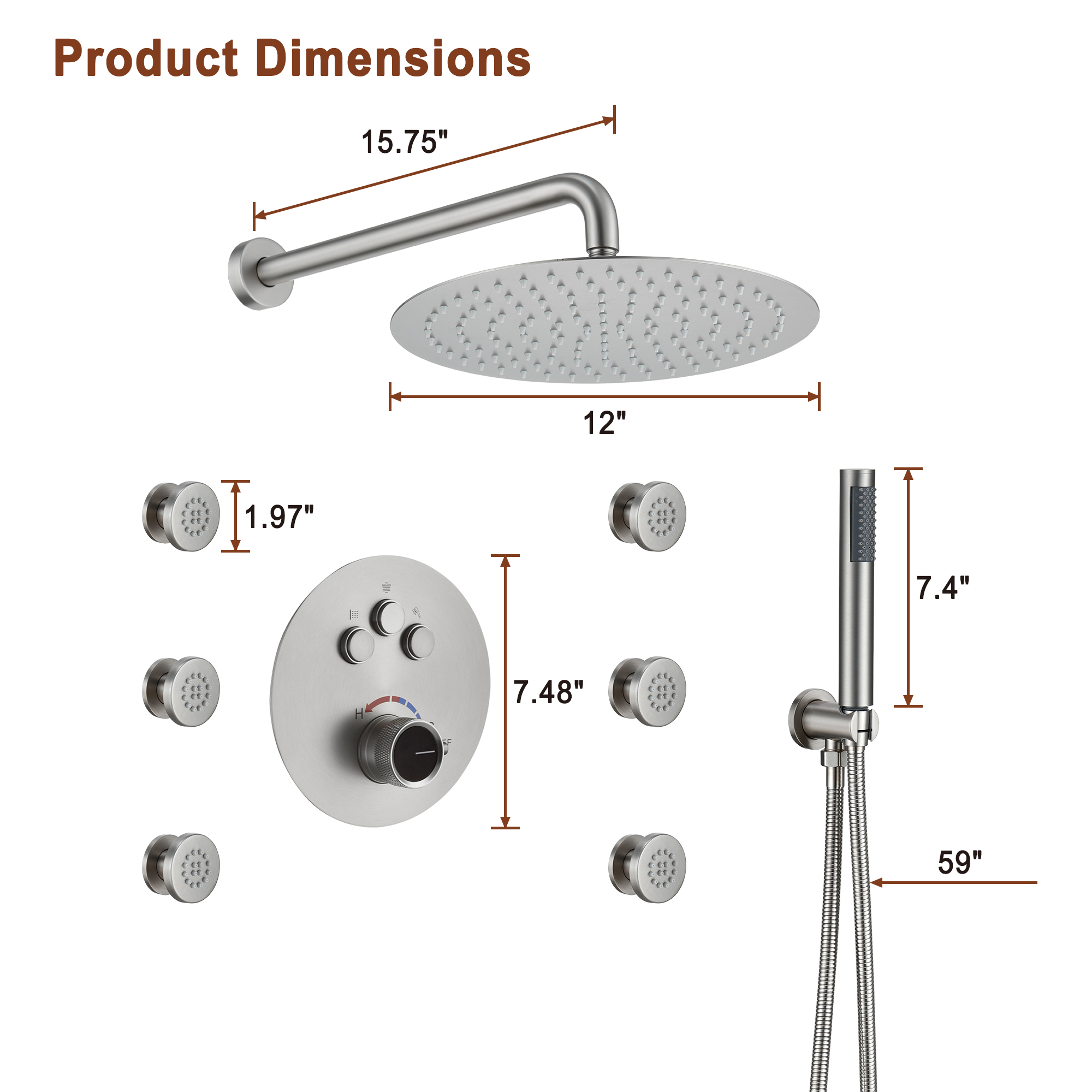 Mondawe Round Shower System With Body Jet,12 inch Wall Mounted High-Pressure Rainfall Shower Head Handheld and 6 pcs Body Sprays,Rain Shower Mixer Combo Set-Mondawe