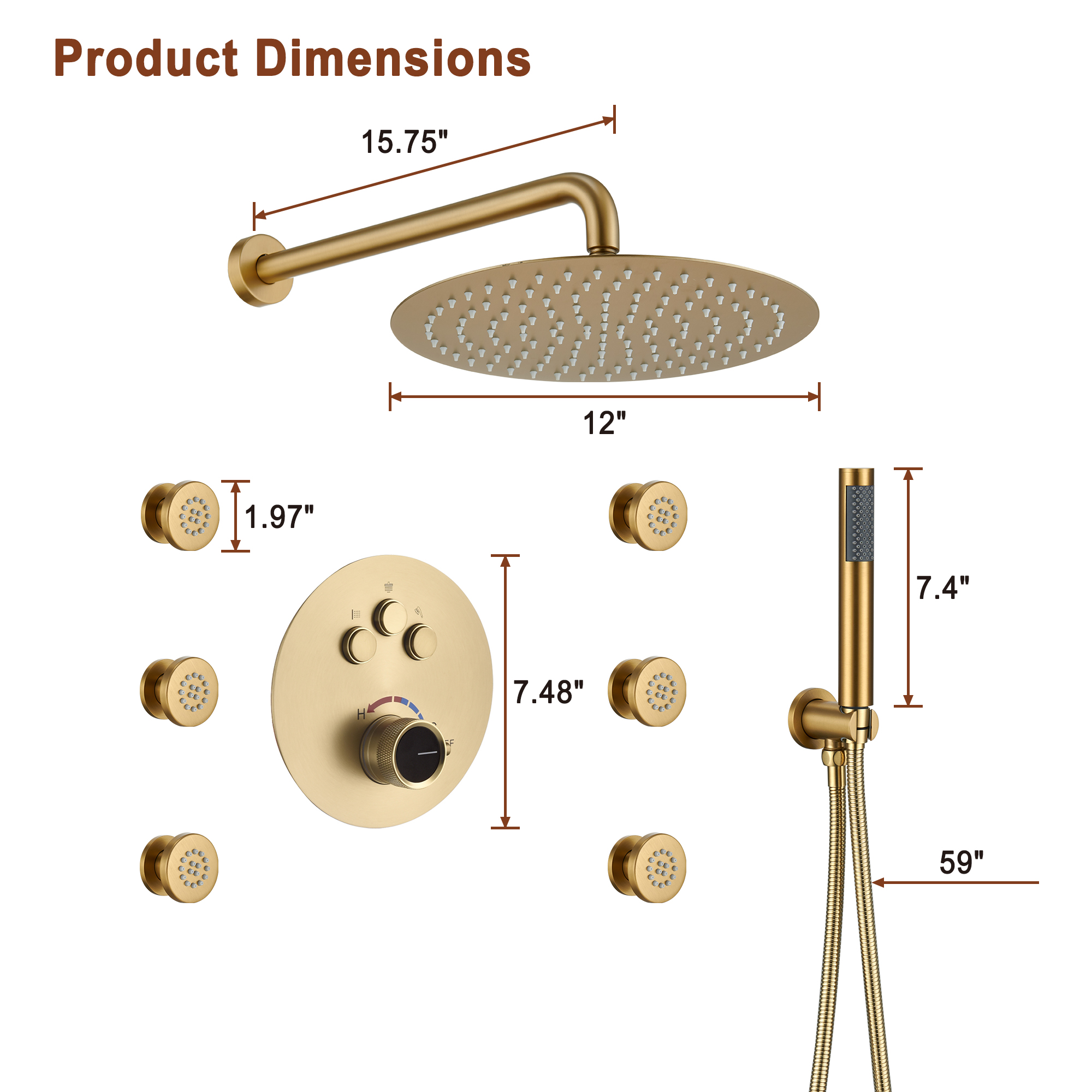 Mondawe Round Shower System With Body Jet,12 inch Wall Mounted High-Pressure Rainfall Shower Head Handheld and 6 pcs Body Sprays,Rain Shower Mixer Combo Set-Mondawe