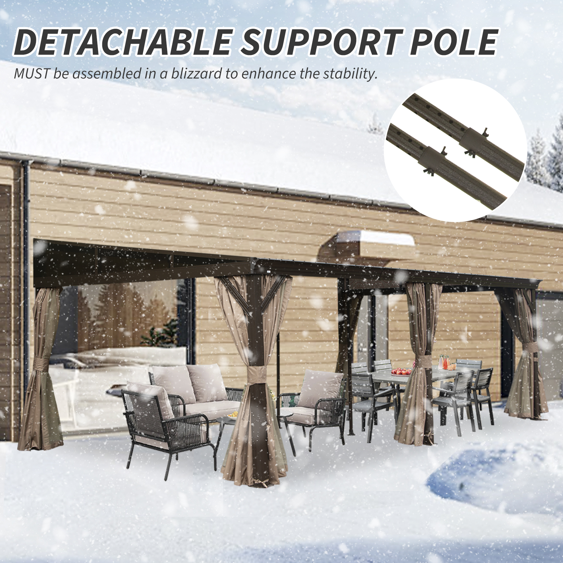 Hardtop Wall Mounted Gazebo with Sloping Galvanized Steel Roof, Aluminum Frame, Drainage System, Curtains and Netting, for Patio, Deck, Garden, Backyard