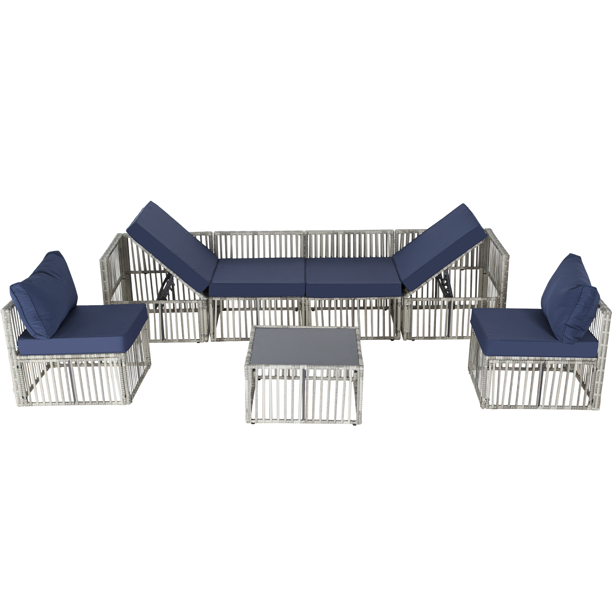 7-Piece Outdoor Patio Furniture Set – PE Rattan Sectional Sofa with Cushions & Coffee Table, All-Weather Wicker, Removable Covers，Gray/Blue/Brown