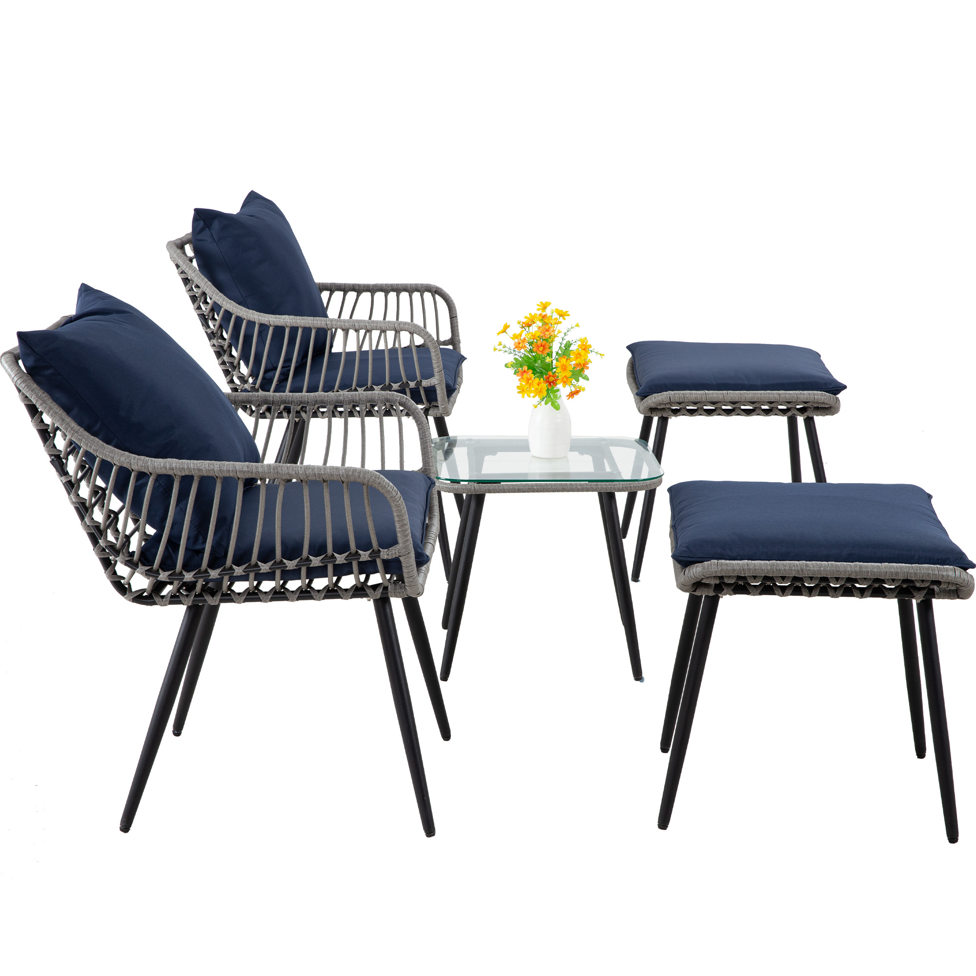 7-Piece Patio Bistro Set – PE Rattan Chairs with Cushions, Ottomans, and Tempered Glass Coffee Table, Compact Outdoor Furniture for Balcony or Small Spaces (Blue/Beige)