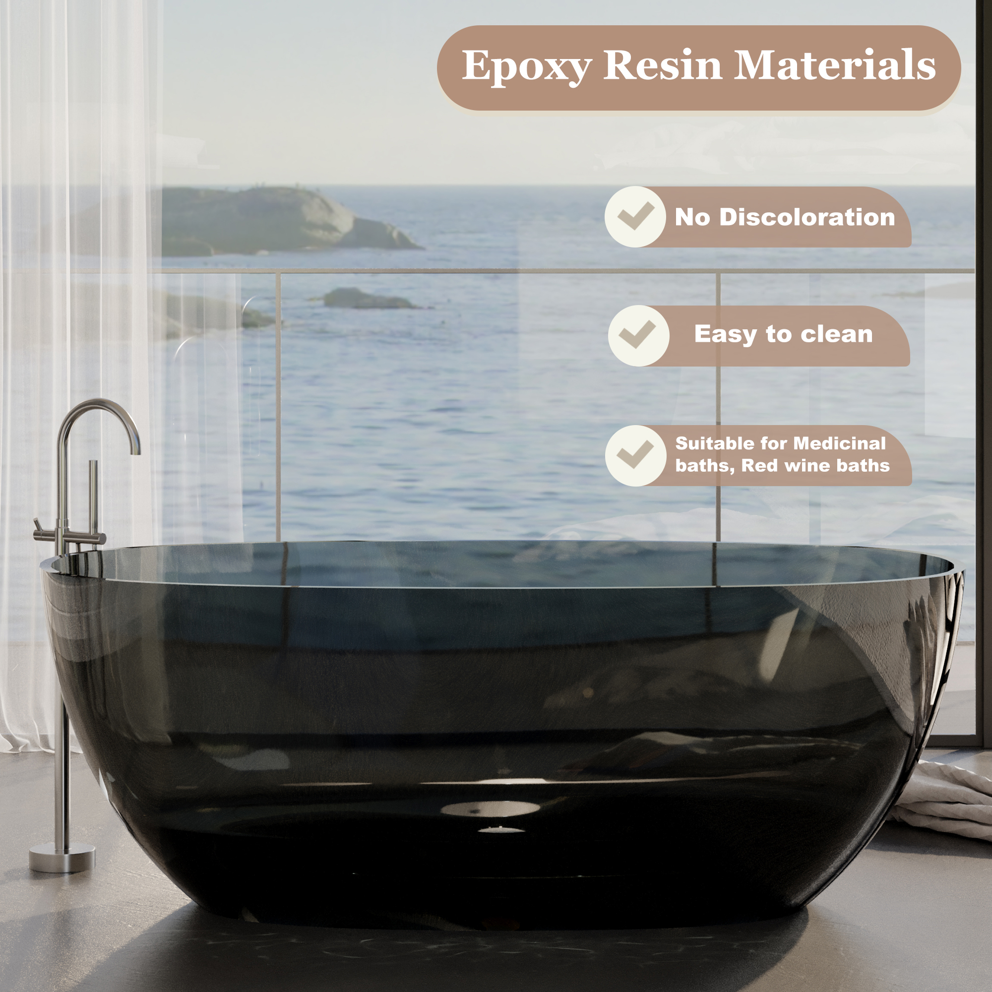 59" Soaking Tub Transparent Resin Freestanding Bathtub Modern Oval Design Stand Alone Tub with Overflow and Pop-up Drain