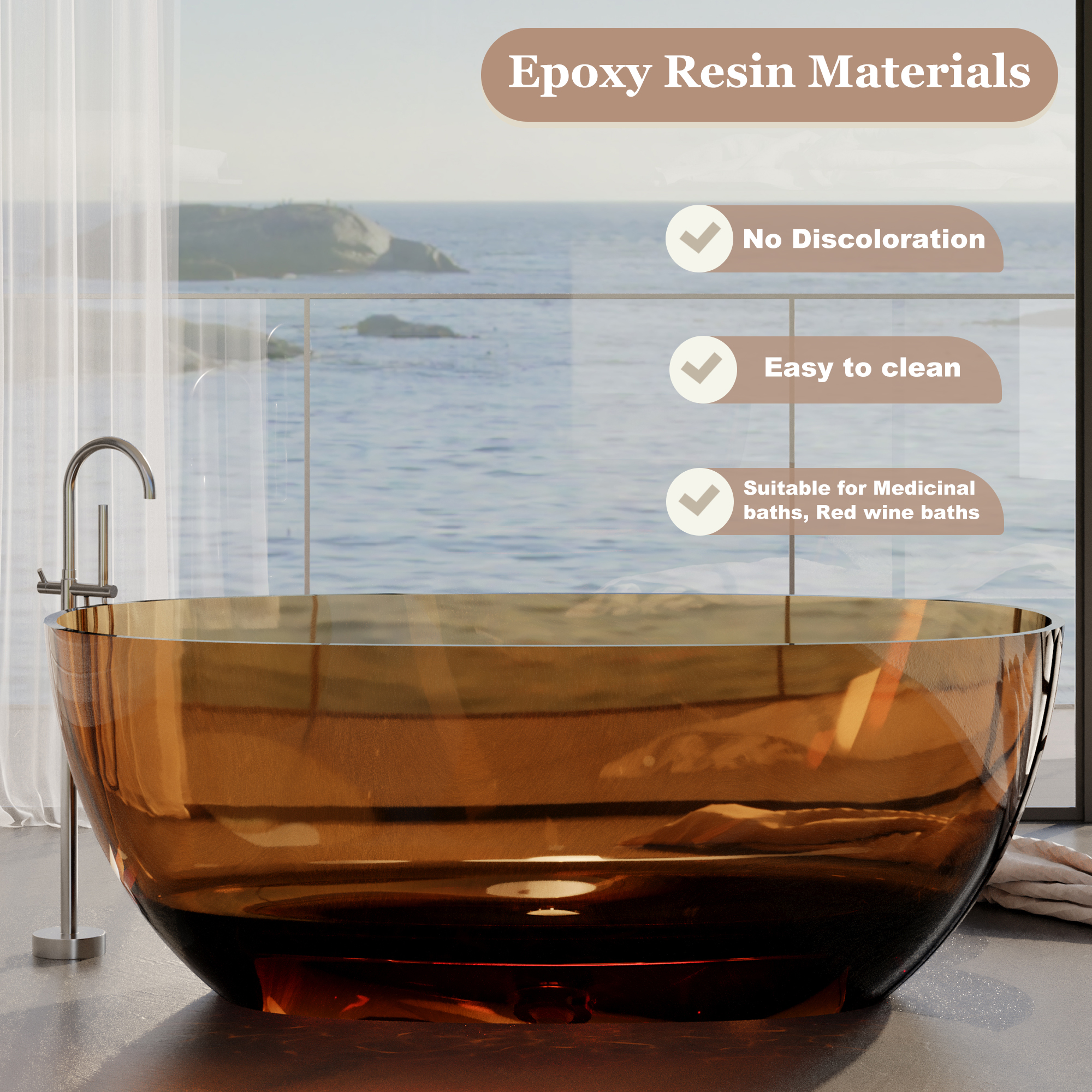 59" Soaking Tub Transparent Resin Freestanding Bathtub Modern Oval Design Stand Alone Tub with Overflow and Pop-up Drain