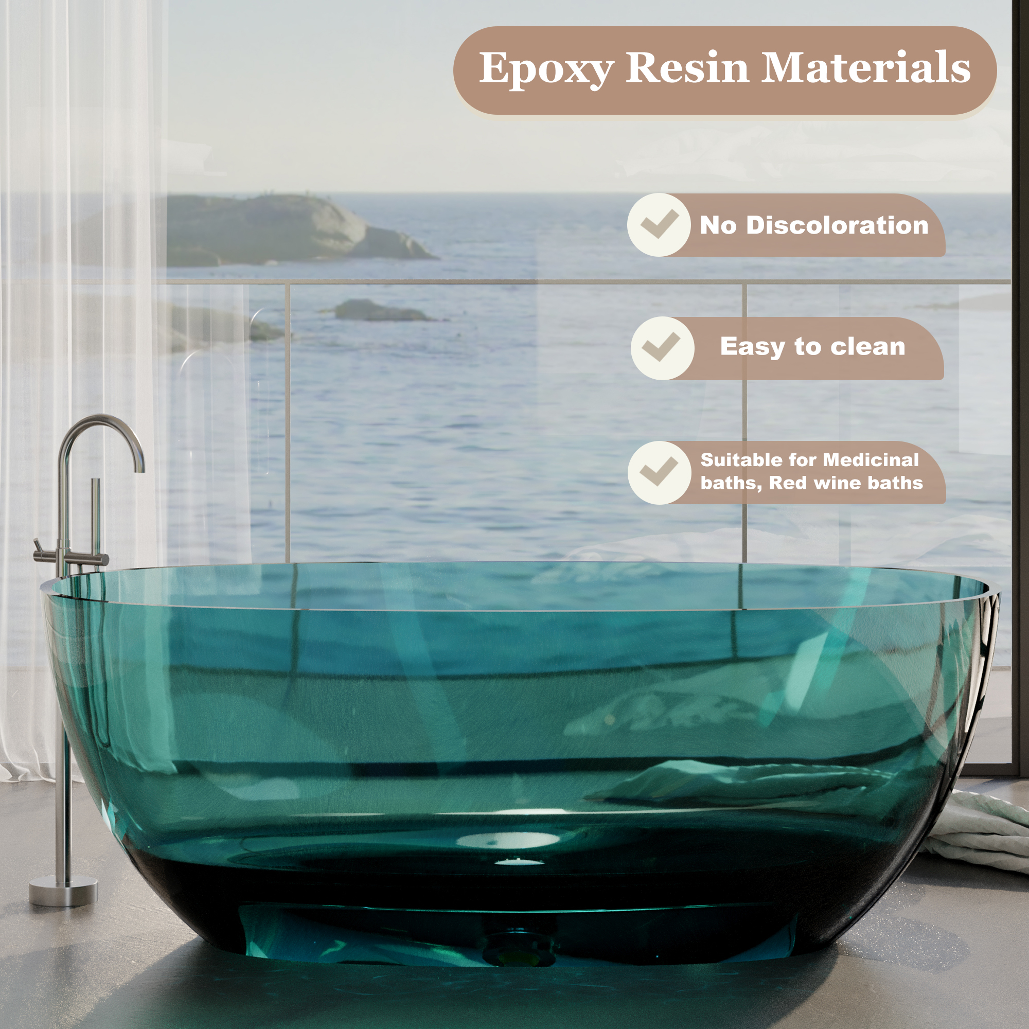 59" Soaking Tub Transparent Resin Freestanding Bathtub Modern Oval Design Stand Alone Tub with Overflow and Pop-up Drain