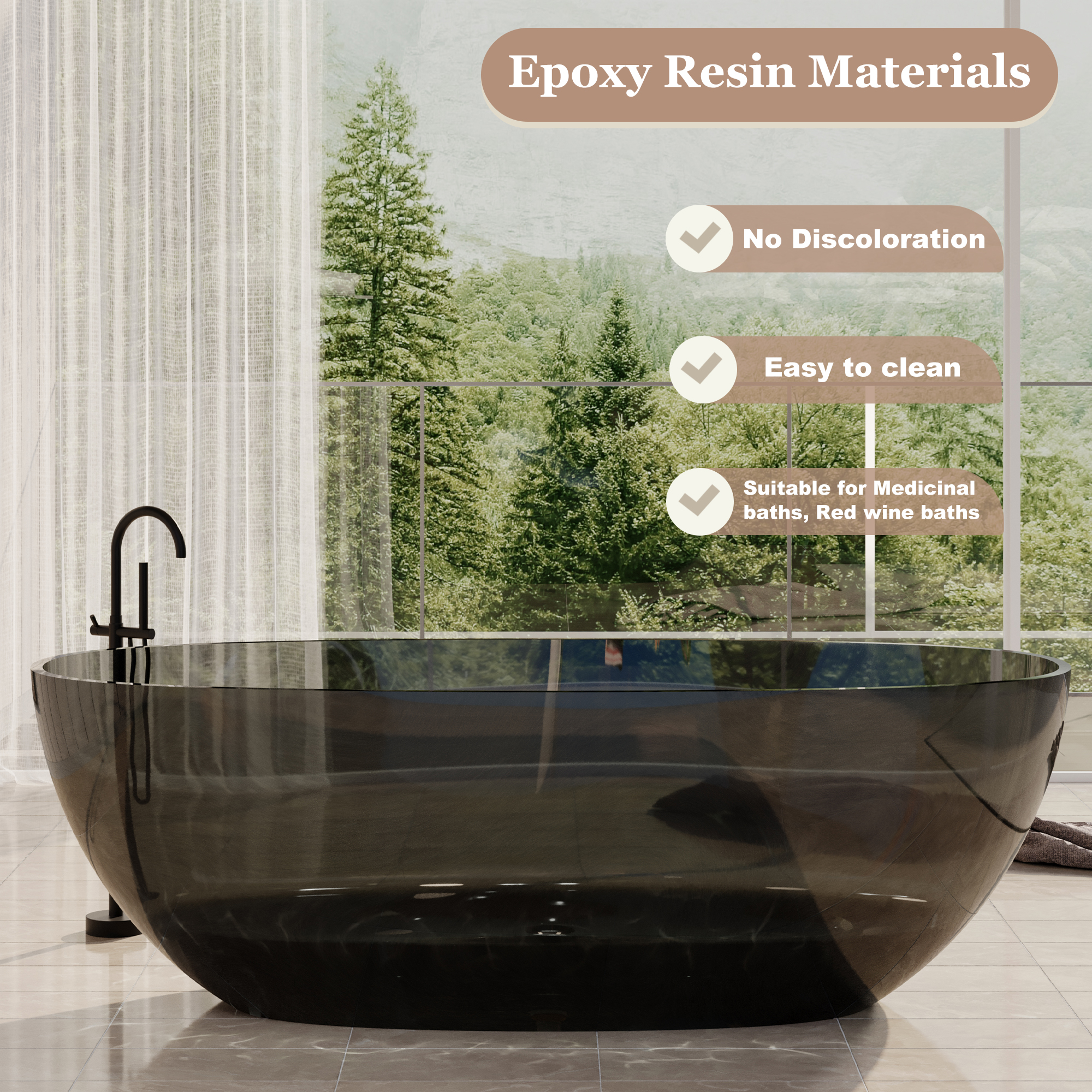 67" Soaking Tub Transparent Resin Freestanding Bathtub Modern Oval Design Stand Alone Tub with Overflow and Pop-up Drain ,Black & Grey/Coffee/Red/Blue