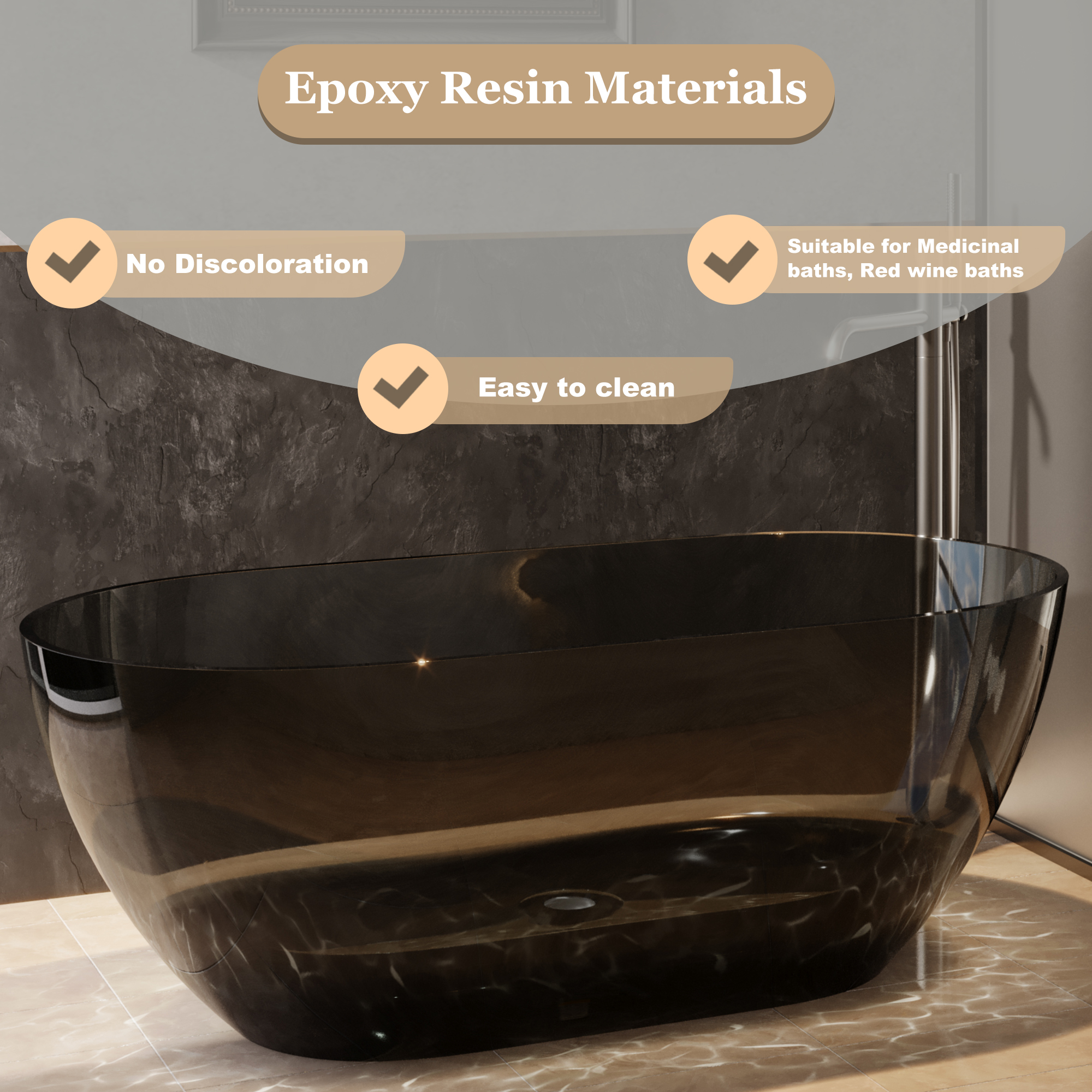  59" Resin Freestanding Bathtub Transparent Soaking Tub Modern Oval Design Stand Alone Tub with Pop-up Drain and Overflow,Black & Grey/Coffee/Purple/Blue