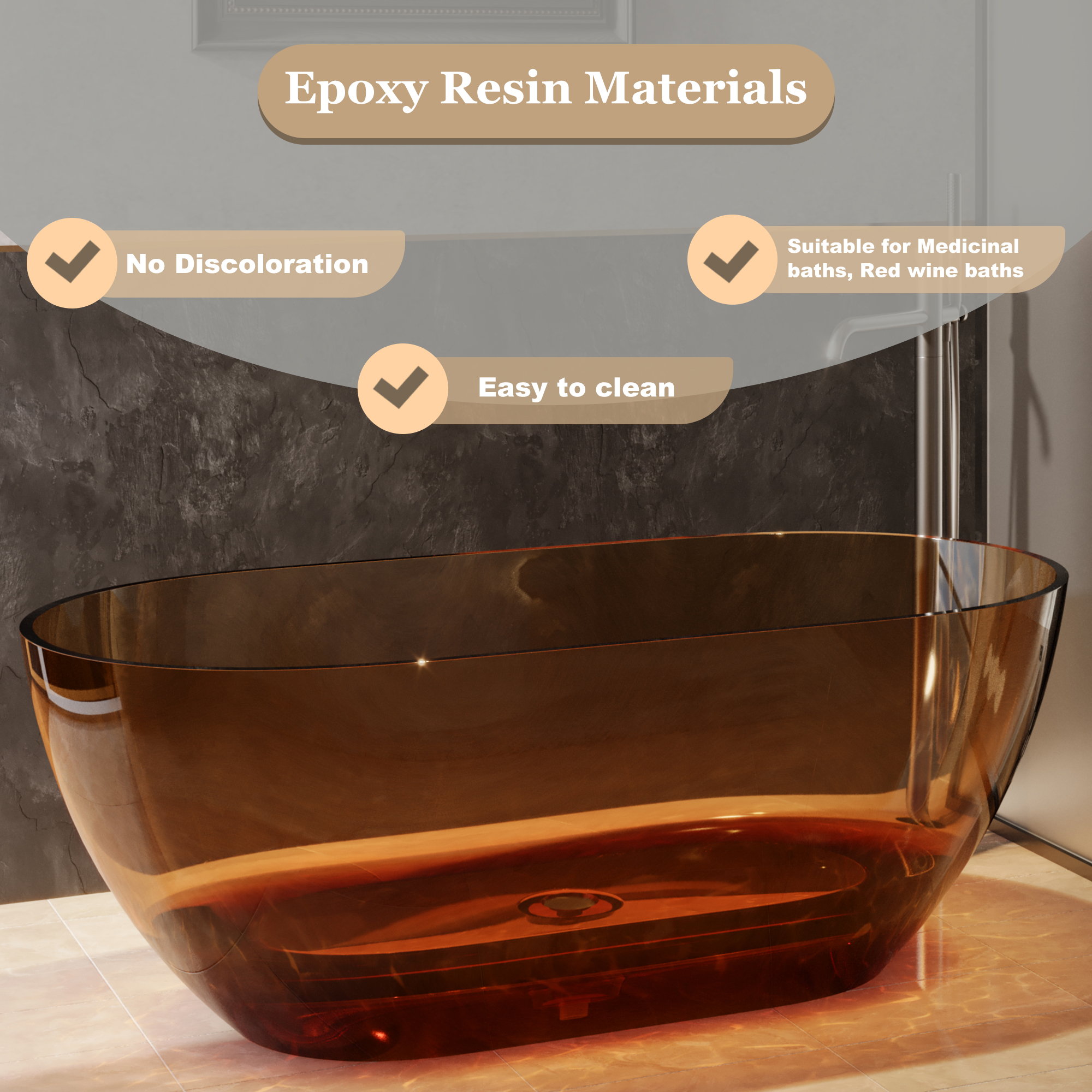  59" Resin Freestanding Bathtub Transparent Soaking Tub Modern Oval Design Stand Alone Tub with Pop-up Drain and Overflow,Black & Grey/Coffee/Purple/Blue