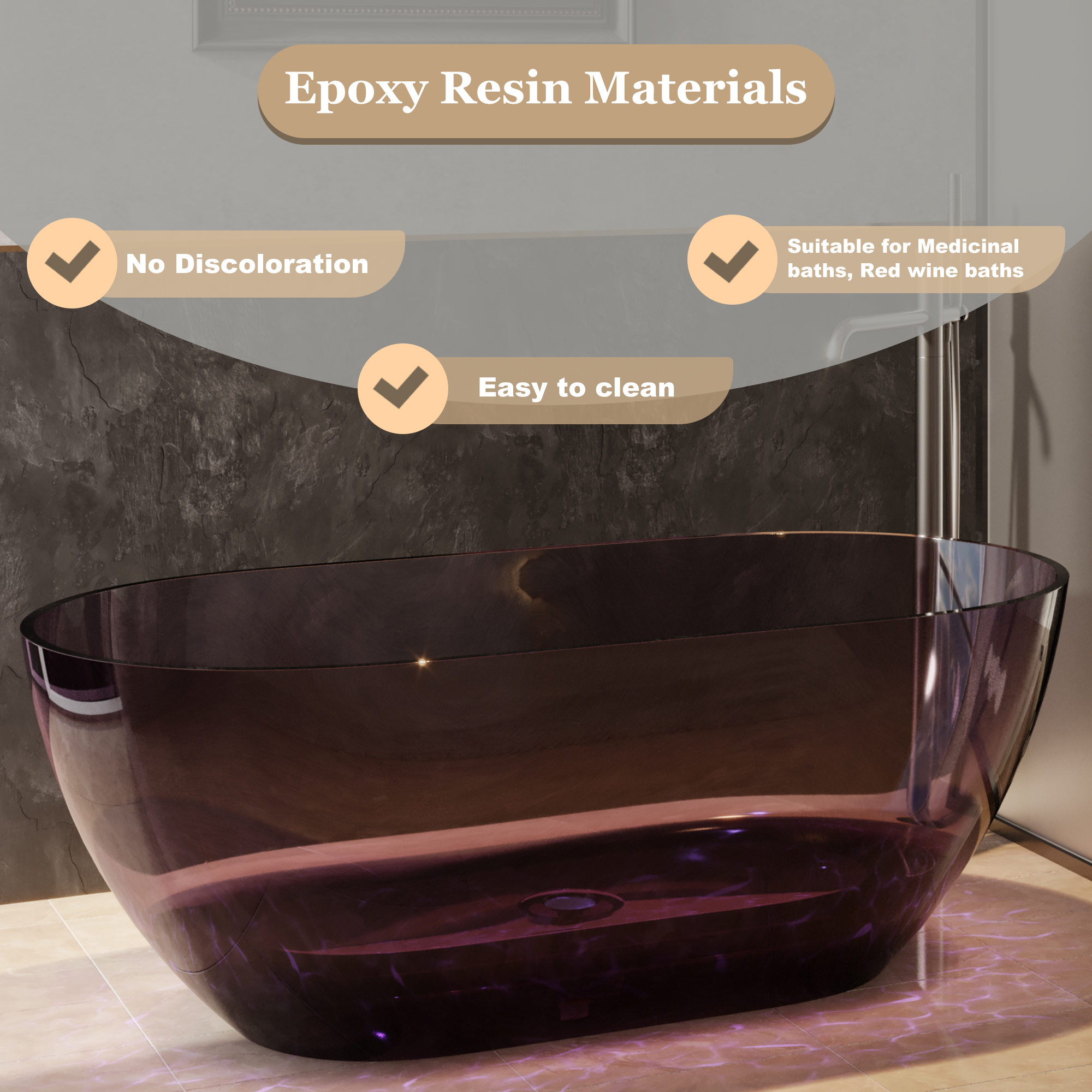  59" Resin Freestanding Bathtub Transparent Soaking Tub Modern Oval Design Stand Alone Tub with Pop-up Drain and Overflow,Black & Grey/Coffee/Purple/Blue