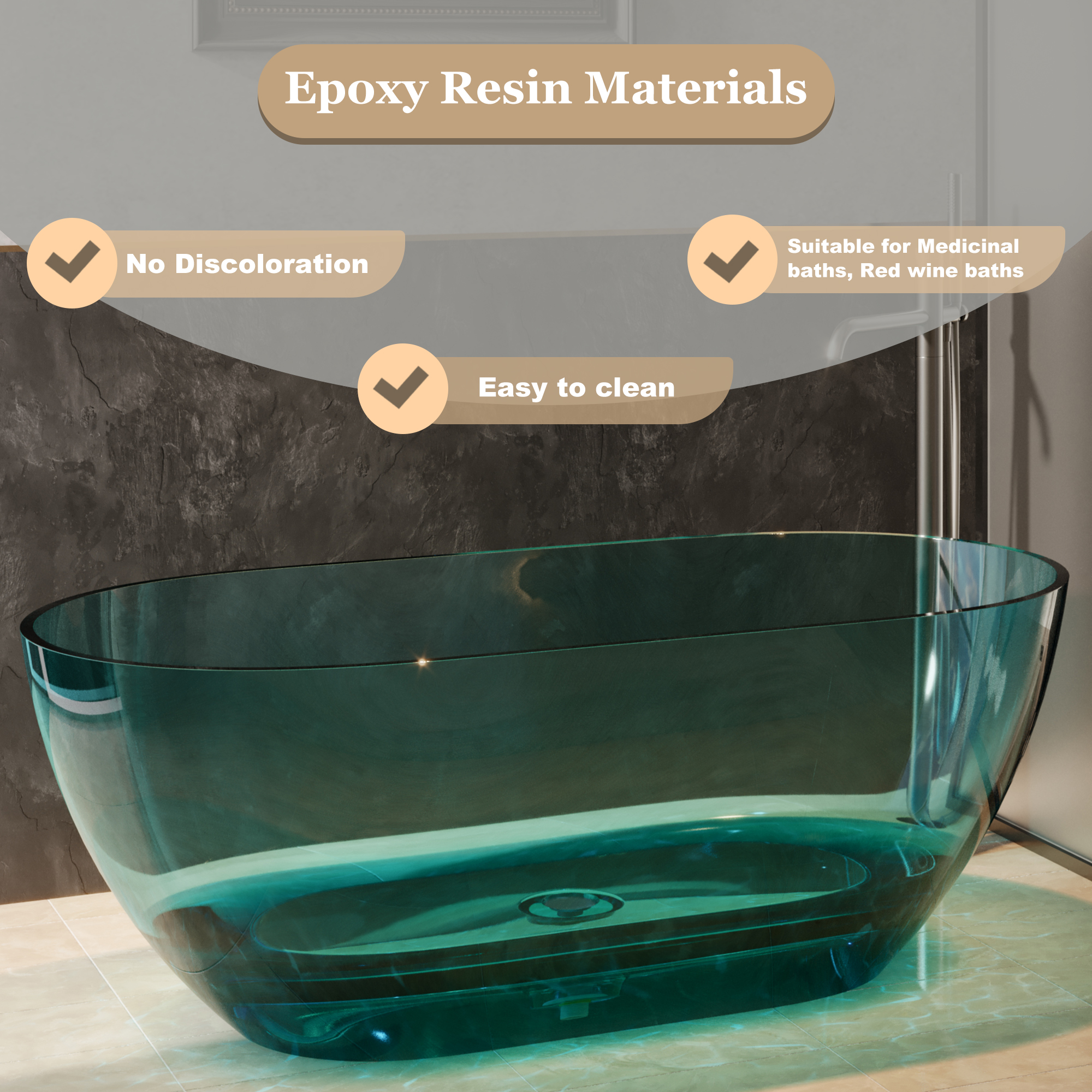  59" Resin Freestanding Bathtub Transparent Soaking Tub Modern Oval Design Stand Alone Tub with Pop-up Drain and Overflow,Black & Grey/Coffee/Purple/Blue