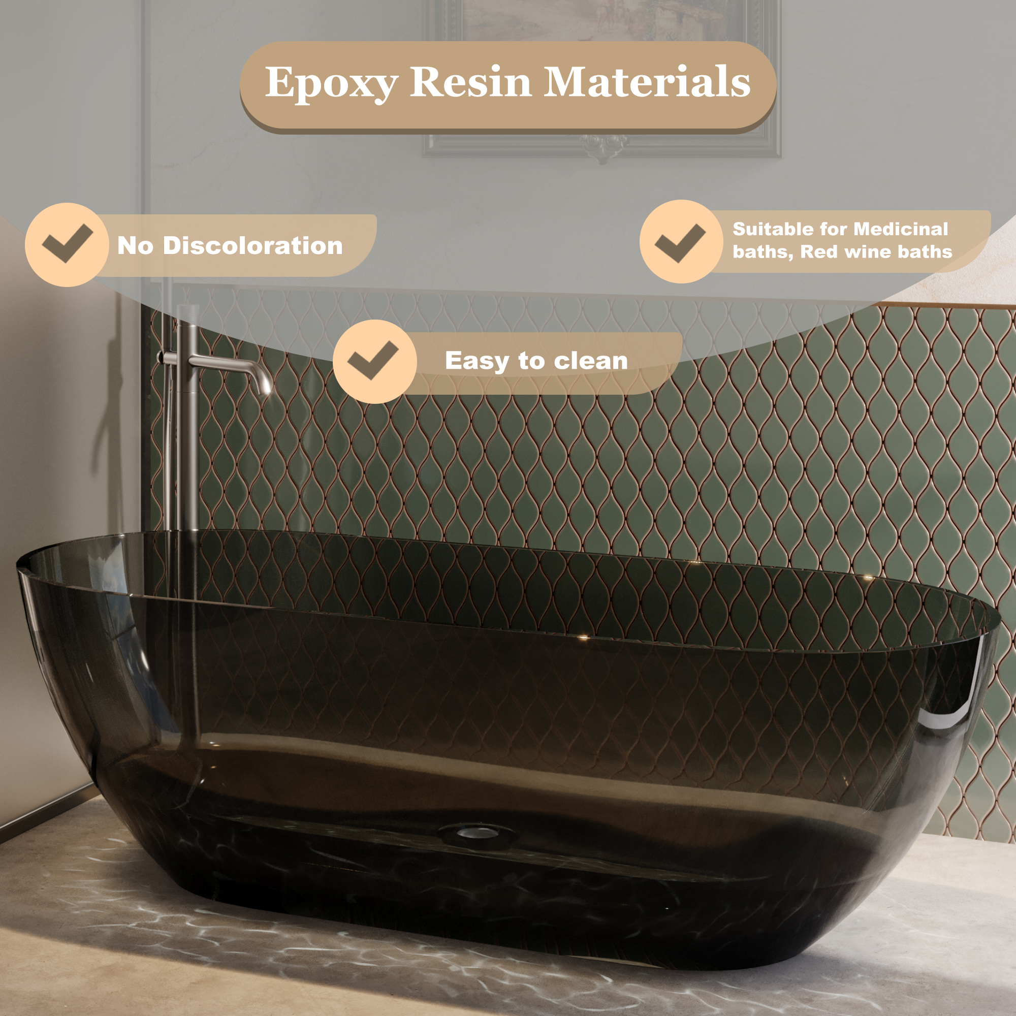 69" Resin Freestanding Bathtub Transparent Soaking Tub Modern Oval Design Stand Alone Tub with Pop-up Drain and Overflow,Black & Grey/Coffee/Purple/Blue