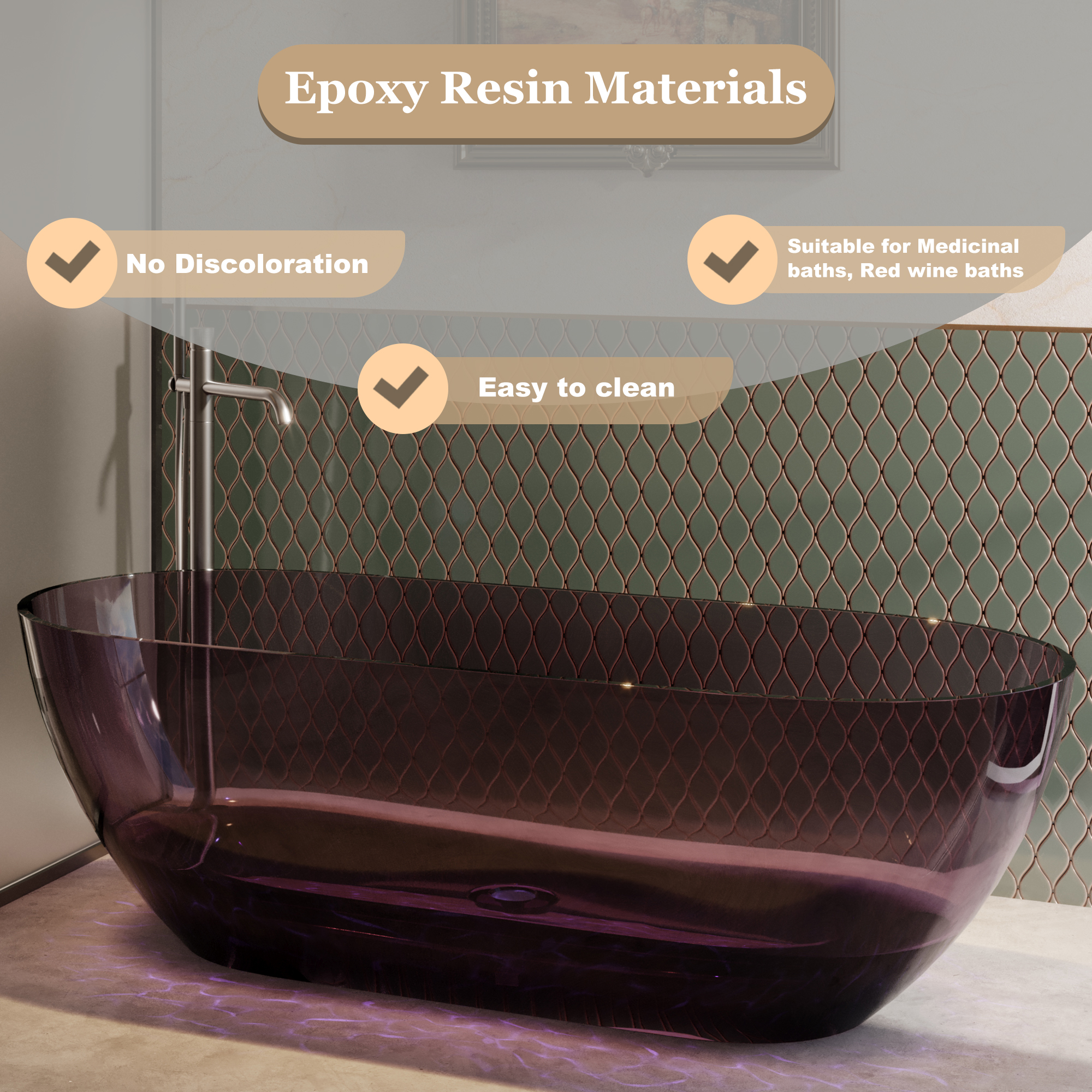 69" Resin Freestanding Bathtub Transparent Soaking Tub Modern Oval Design Stand Alone Tub with Pop-up Drain and Overflow,Black & Grey/Coffee/Purple/Blue