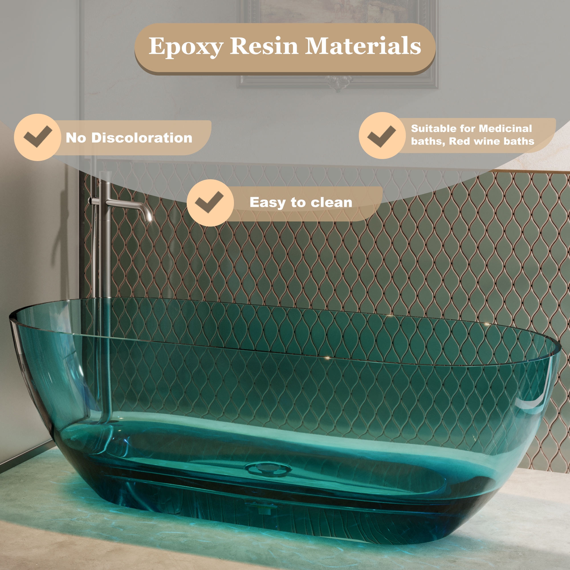 69" Resin Freestanding Bathtub Transparent Soaking Tub Modern Oval Design Stand Alone Tub with Pop-up Drain and Overflow,Black & Grey/Coffee/Purple/Blue