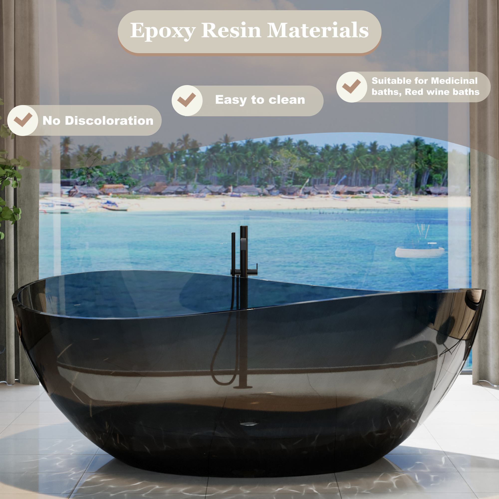 63" Freestanding Bathtub Transparent Resin Soaking Tub Modern Oval Design Stand Alone Tub with Overflow and Pop-up Drain