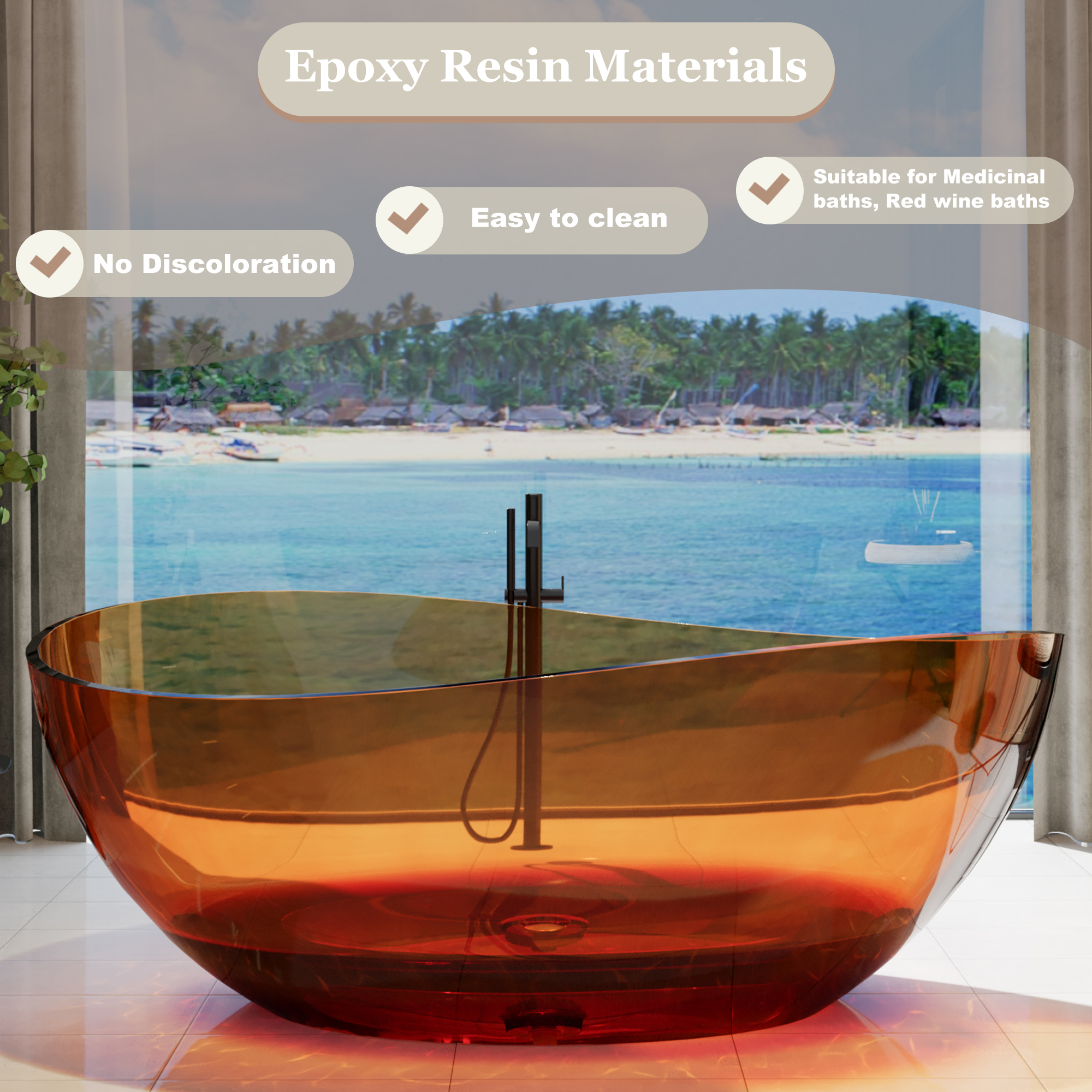 63" Freestanding Bathtub Transparent Resin Soaking Tub Modern Oval Design Stand Alone Tub with Overflow and Pop-up Drain