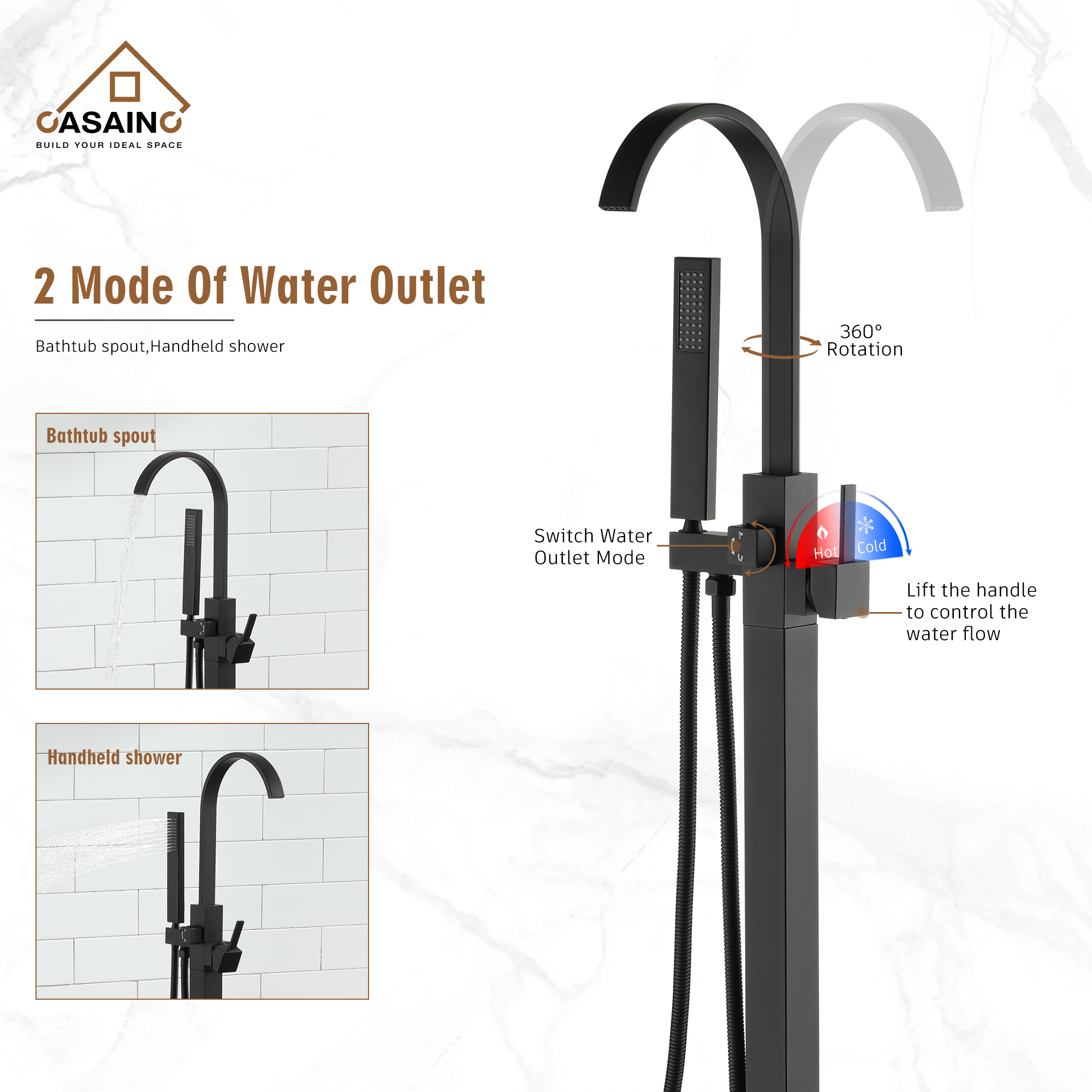 Single-Handle Floor-Mounted Bathtub Faucet High Flow Bathroom Tub Filler with Hand Shower, Brushed Nickel/Matte Black/Chrome