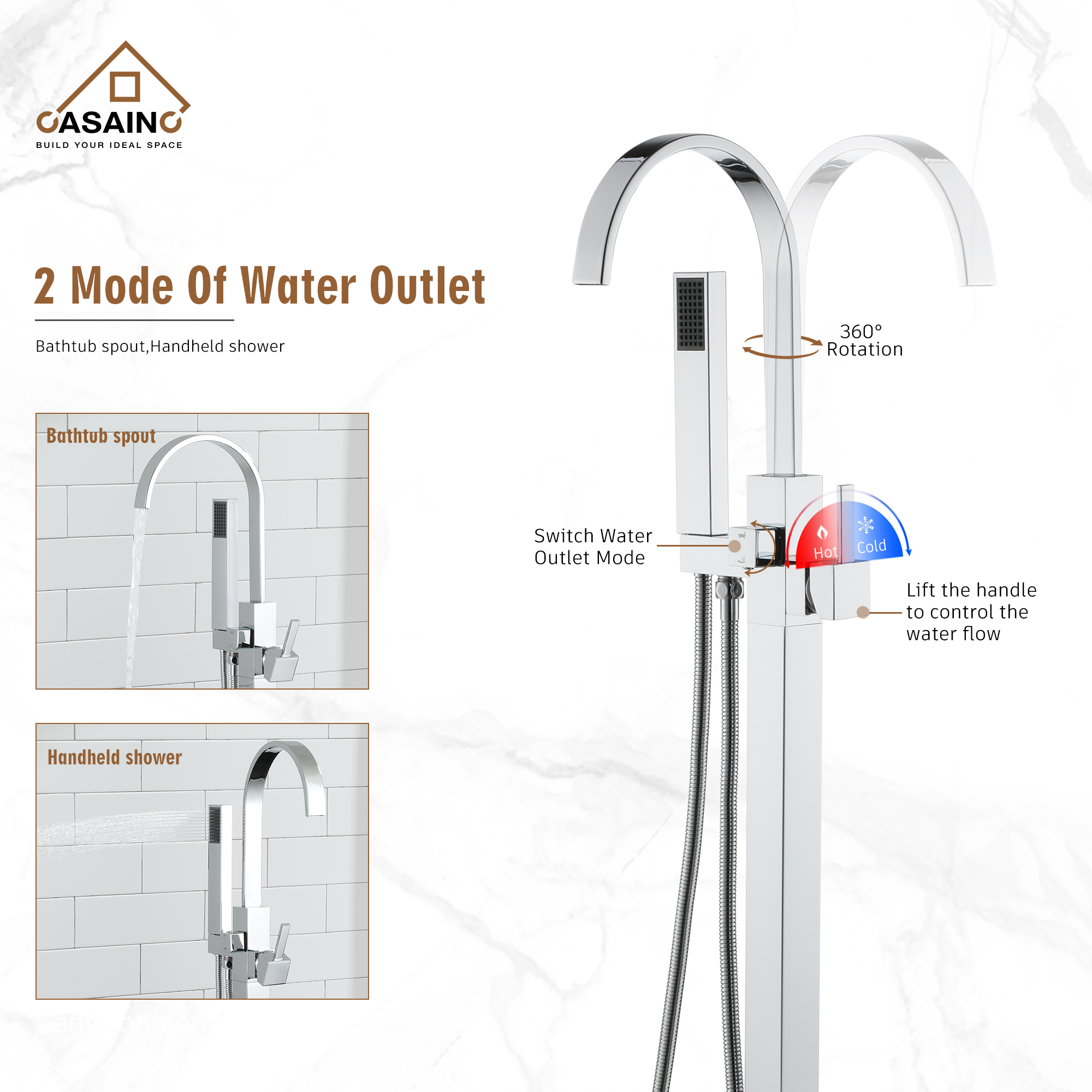 Single-Handle Floor-Mounted Bathtub Faucet High Flow Bathroom Tub Filler with Hand Shower, Brushed Nickel/Matte Black/Chrome