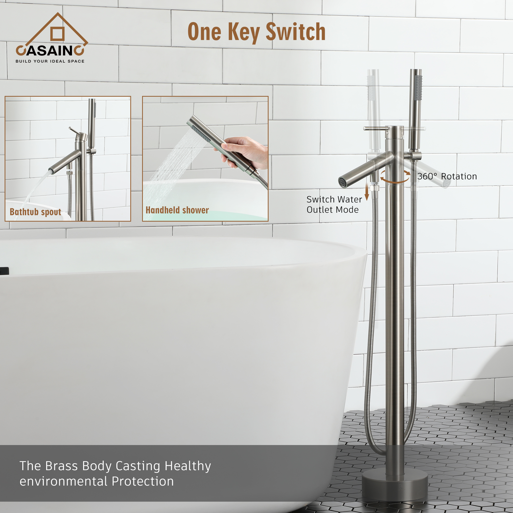 Single-Handle Floor Mount Freestanding Tub Faucet with Hand Shower in. Brushed Nickel/Matte Black/Chrome