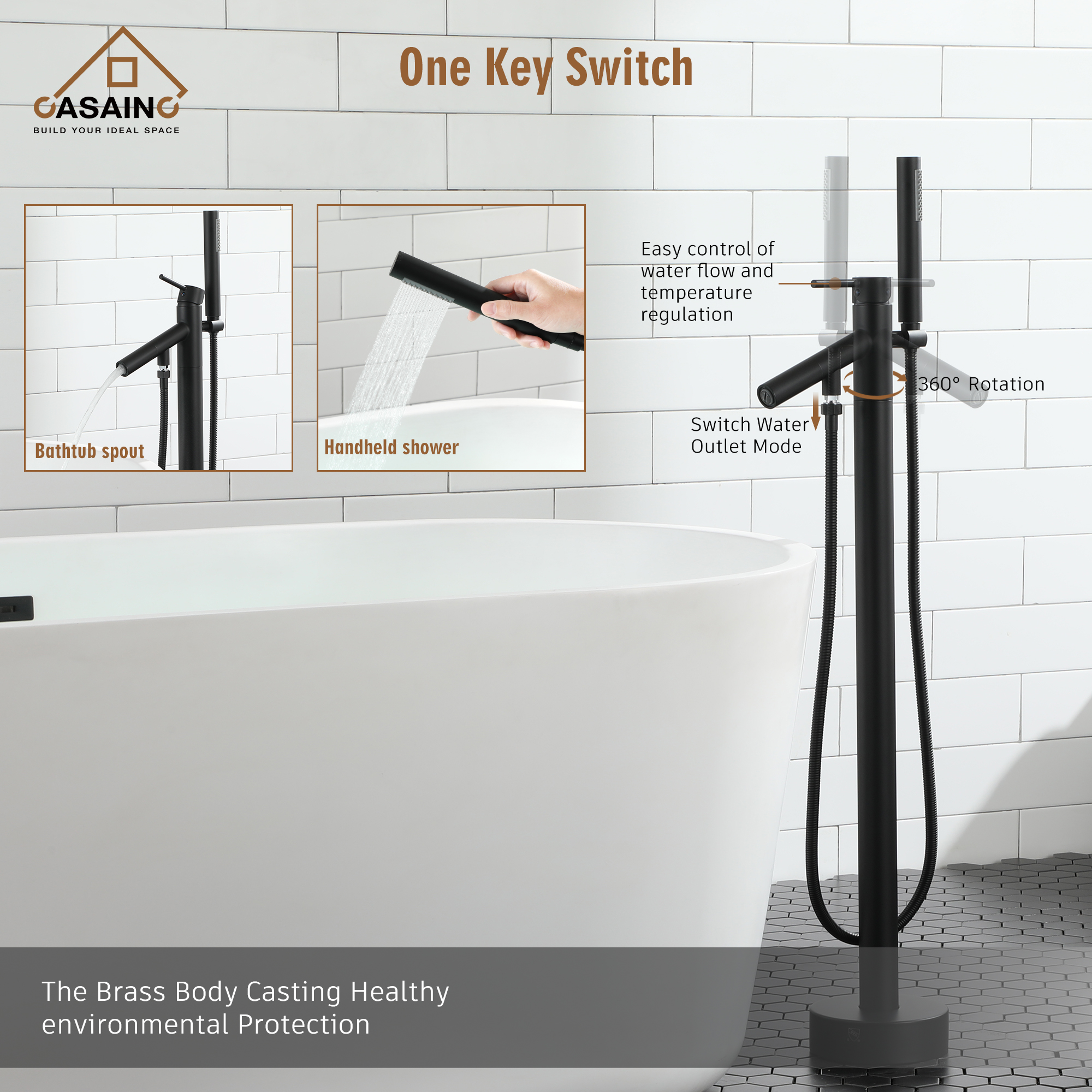 Single-Handle Floor Mount Freestanding Tub Faucet with Hand Shower in. Brushed Nickel/Matte Black/Chrome