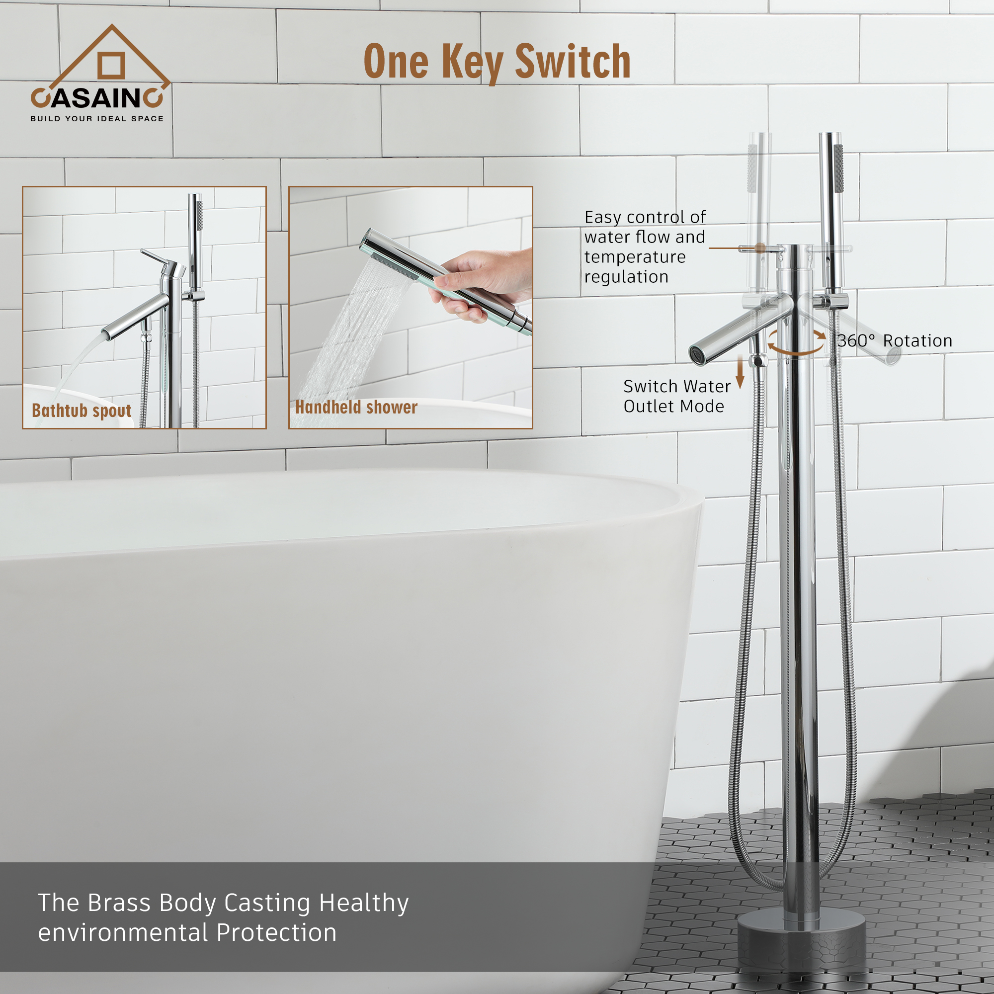 Single-Handle Floor Mount Freestanding Tub Faucet with Hand Shower in. Brushed Nickel/Matte Black/Chrome