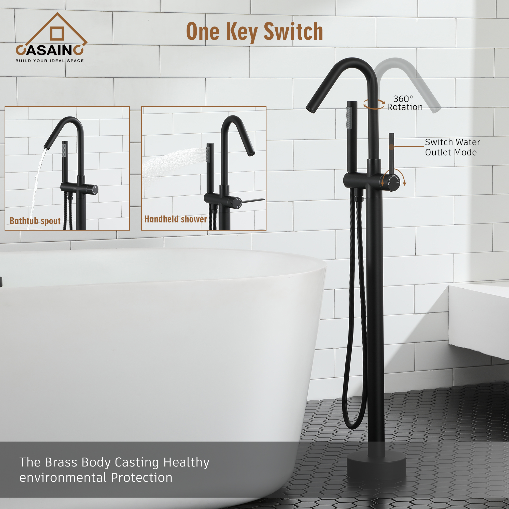 Freestanding Bathtub Faucet with Hand Shower, 360-Degree Swivel Spout, 2.5 GPM High Flow Rate Brushed Brass