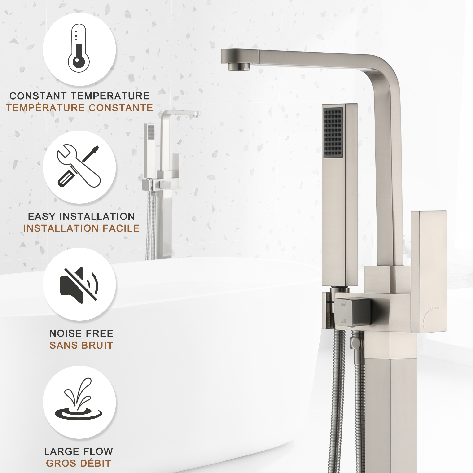 Single-Handle Free-Standing Tub Faucet with Rectangle Hand Shower in Brushed Brass/Brushed Nickel/Oil Rubbed Bronze/Matte Black