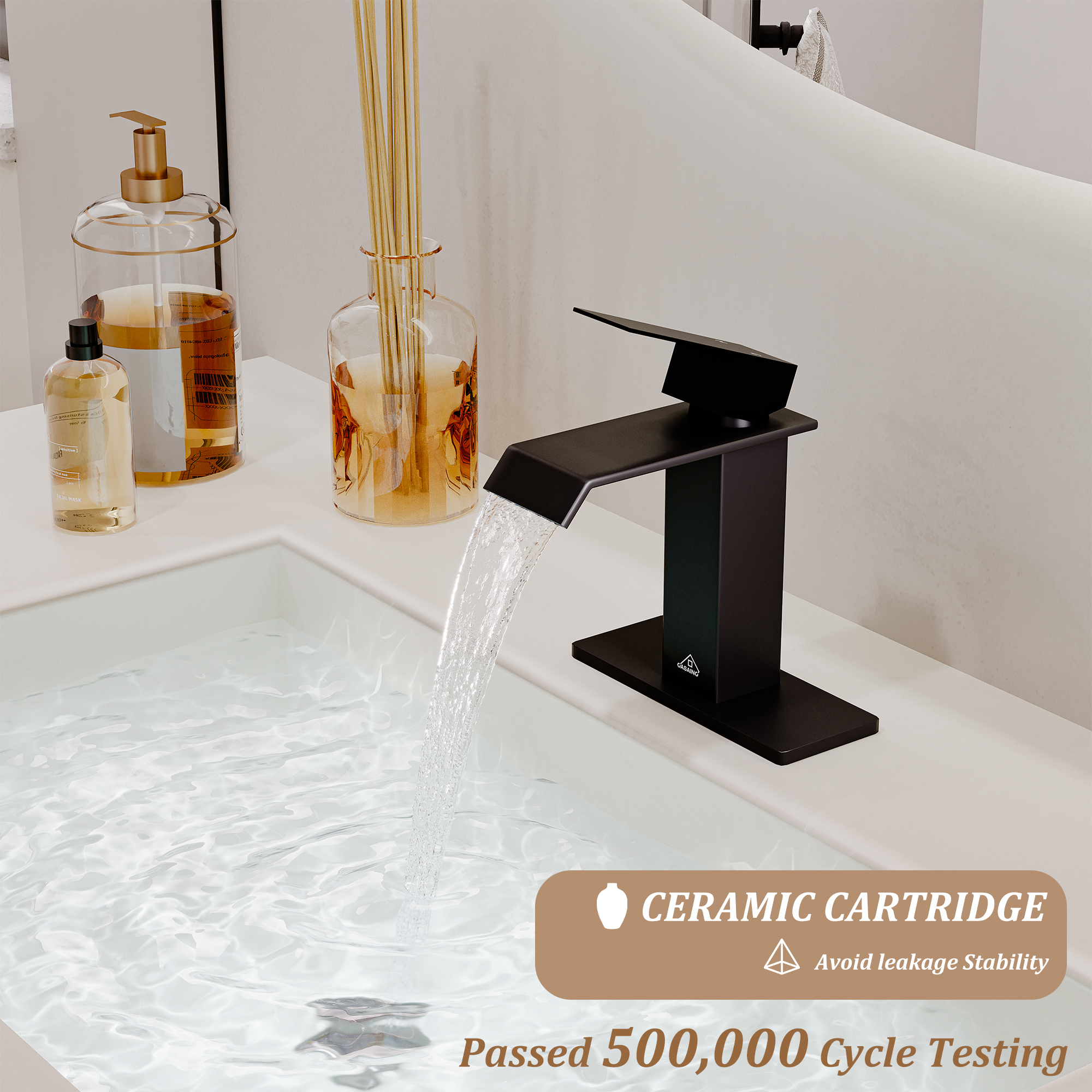 Single Handle Single Hole Bathroom Vanity Sink Waterfall Spout Bathroom Faucet in Matte Black