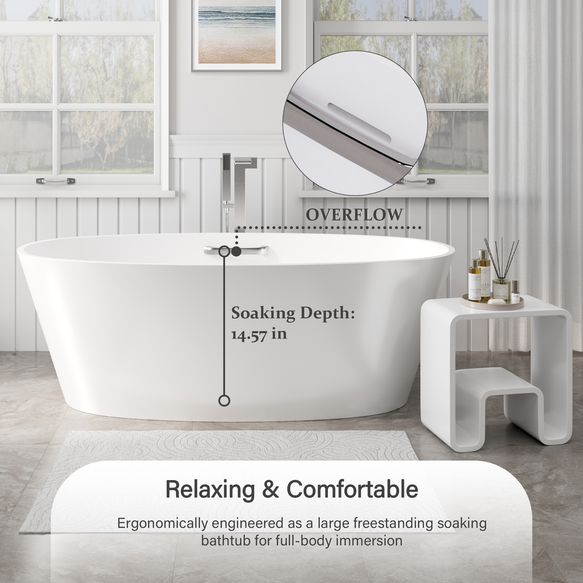 63" Matte White Solid Surface Freestanding Soaking Bathtub with One-Side Armrest