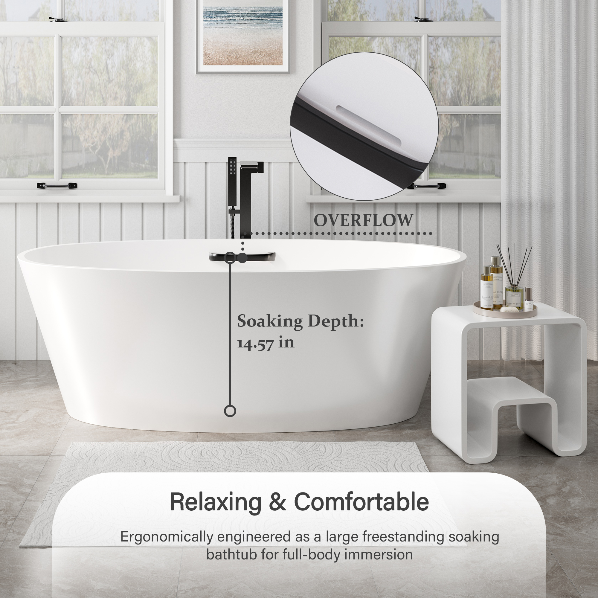 63" Matte White Solid Surface Freestanding Soaking Bathtub with One-Side Armrest