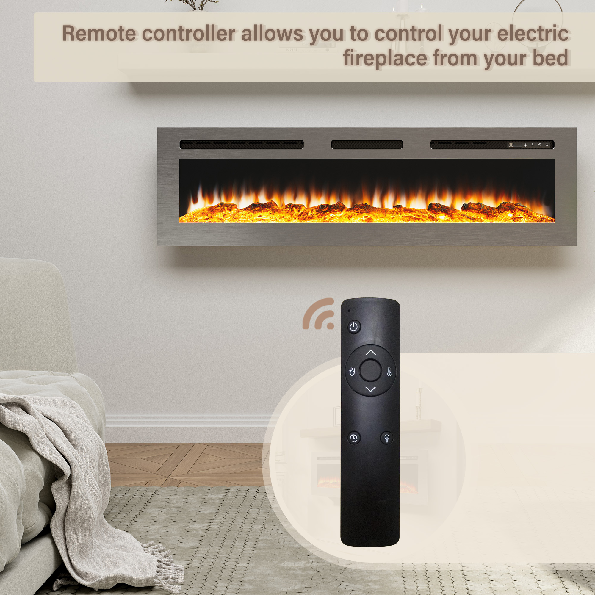 60 in. Wall Mounted and Recessed Electric Fireplace Insert with Stainless Steel Surface and 12 Flame Colors