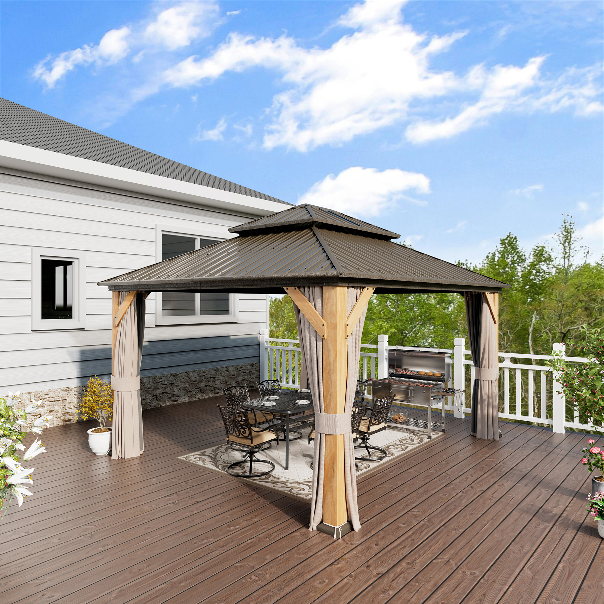Cedar Frame Hard Top Gazebo with Galvanized Steel Double Roof, Curtain and Net, Outdoor Wooden Gazebo Pergola for Patio Lawn Backyard
