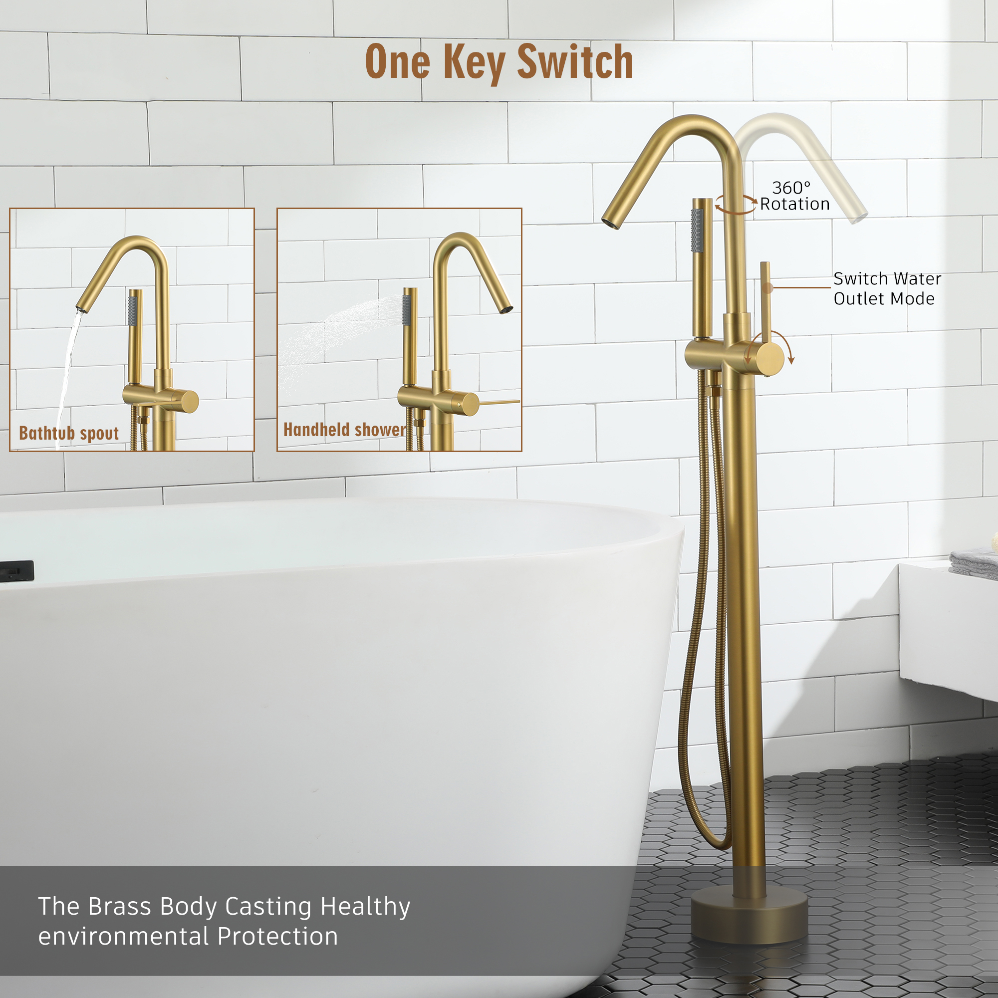Freestanding Bathtub Faucet with Hand Shower, 360-Degree Swivel Spout, 2.7 GPM High Flow Rate Brushed Brass