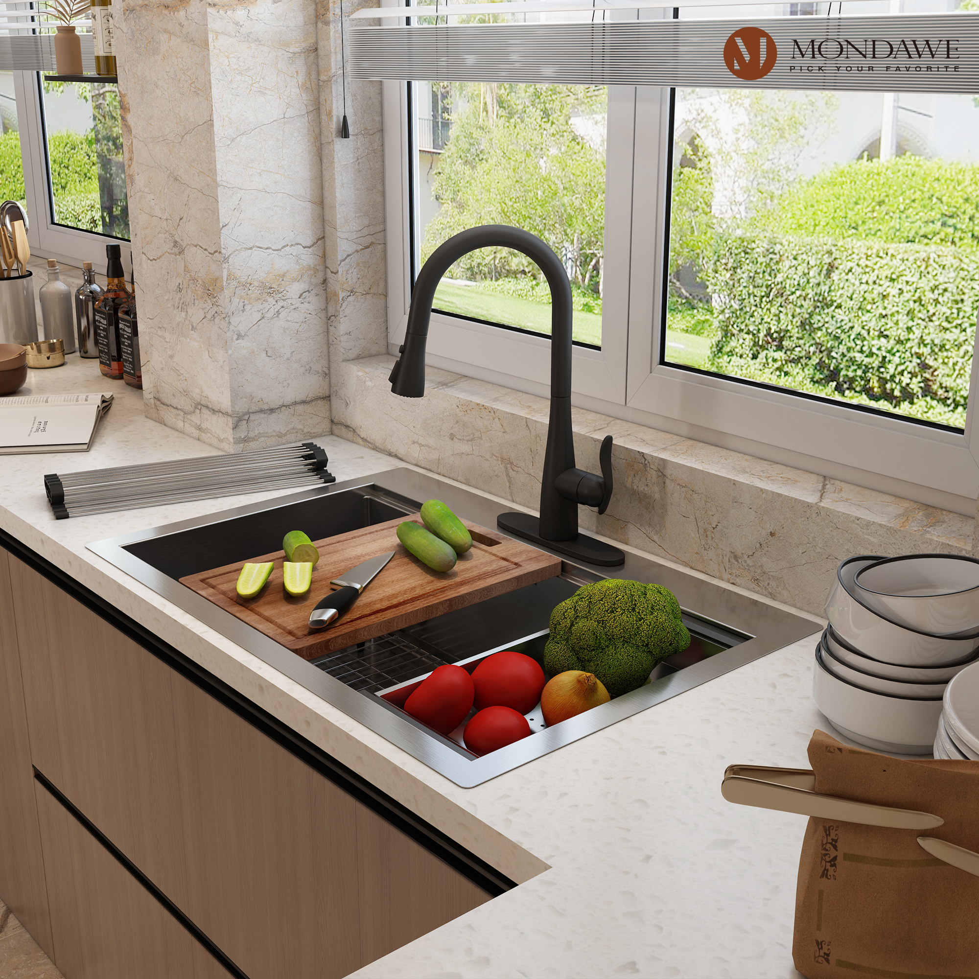 Drop-In 33-in x 22-in Brushed Stainless Steel Single Bowl Workstation Kitchen Sink-Mondawe