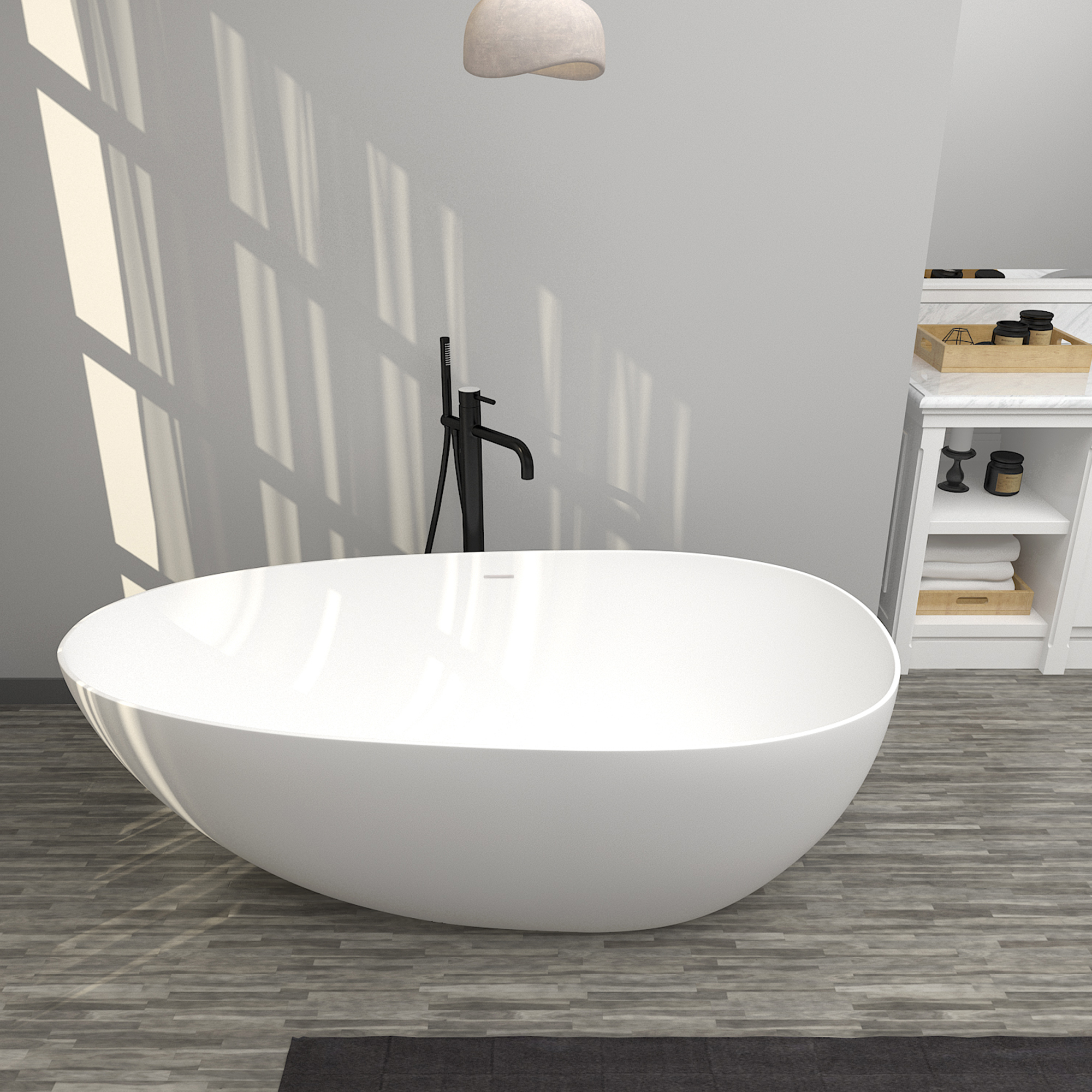 Boyel Living 67'' Resin Stone Freestanding Bathtub, Solid Surface Matte White Free Standing Tub, Egg Shape Stand Alone Soaking Tubs with Drain, Drain Hose & Sanding Paper